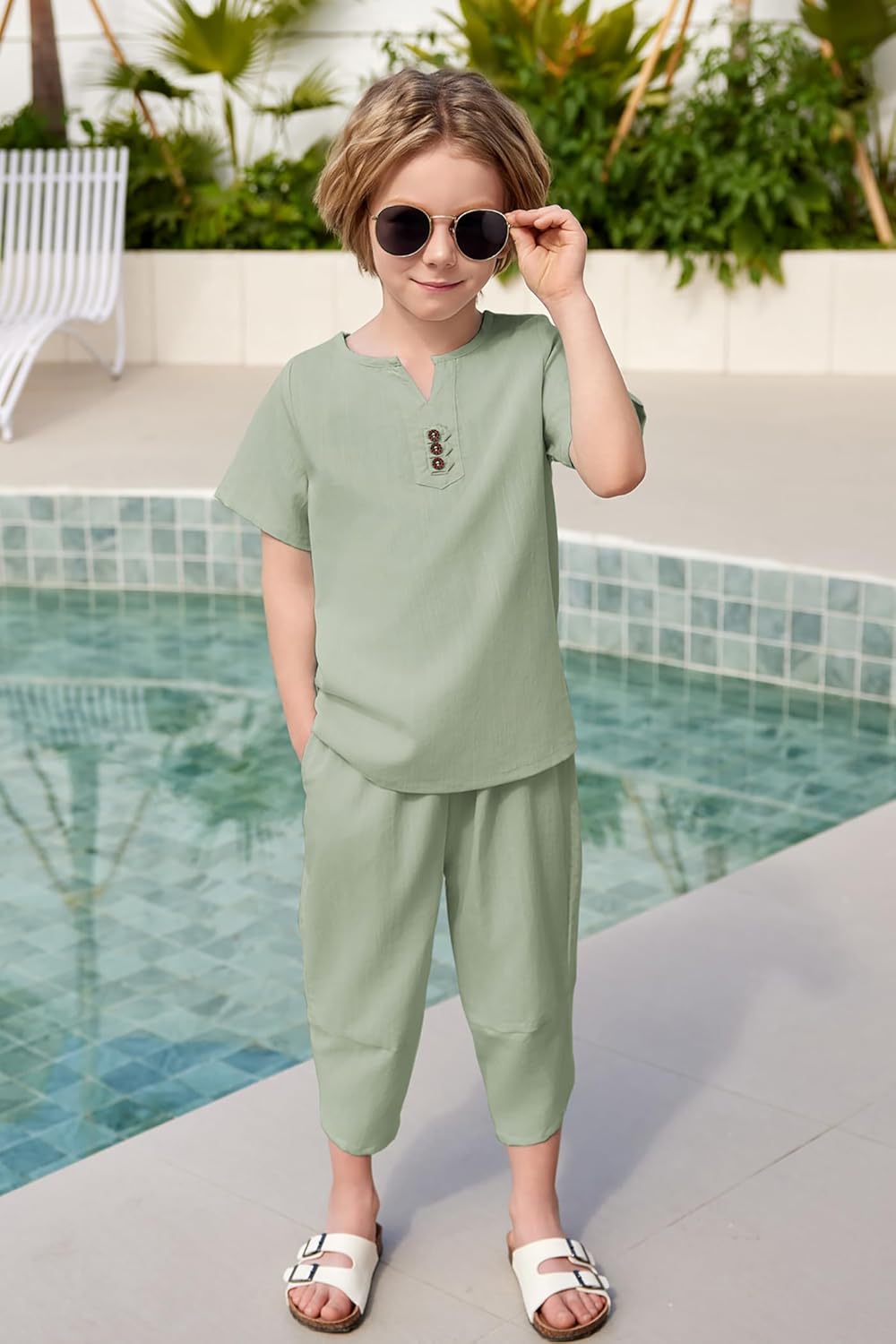 Arshiner Boy's 2 Pieces Clothes Set Henley Shirt Short Sleeve and Pants Wide Leg Baggy Summer Casual Outfits - Image 3