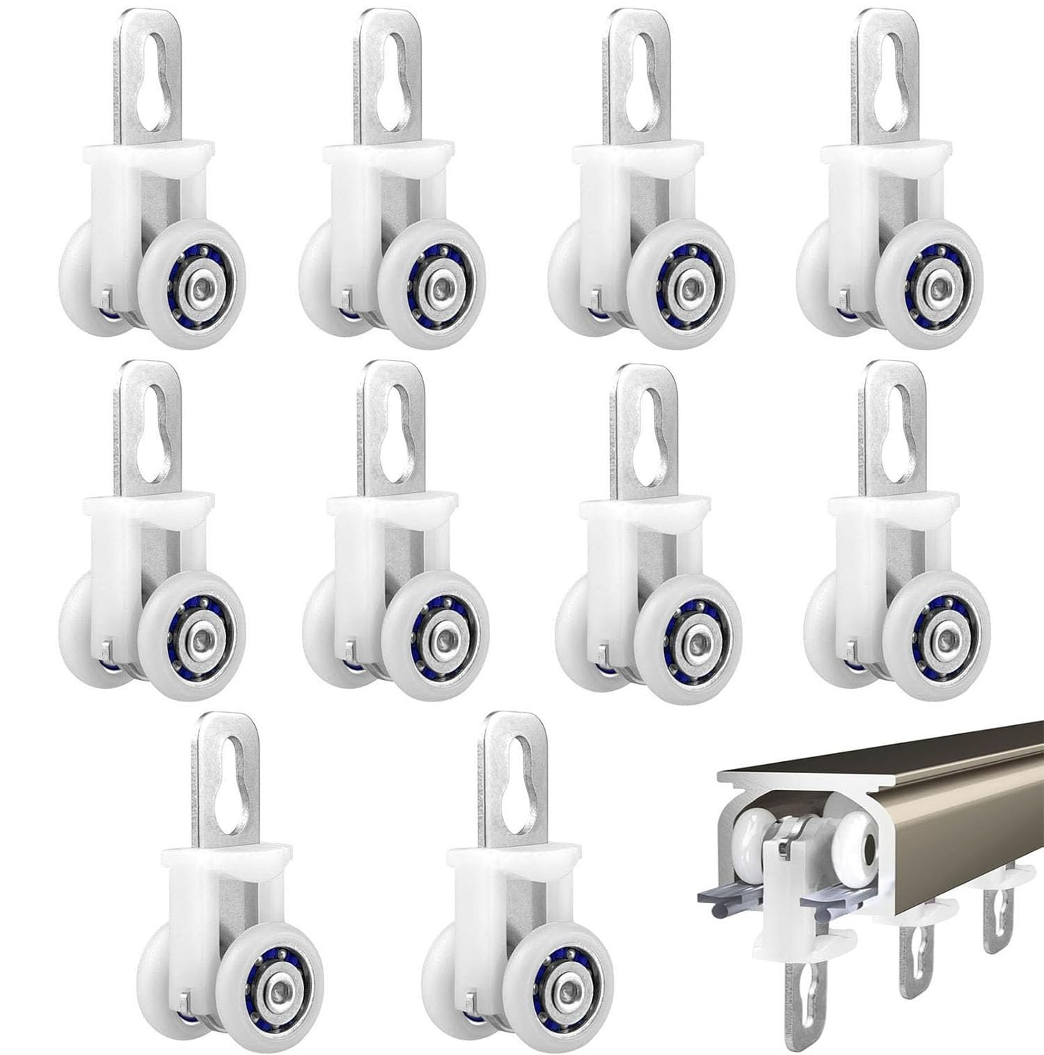 Metal Plastic Curtain Track Rollers Gliders 10 Pack,Flexible Drapery Rail Runners with TwinWheel Pulleys,for Window,Ceiling Curtains Stainless Steel White Plastic Track Hooks Sliding Wheels