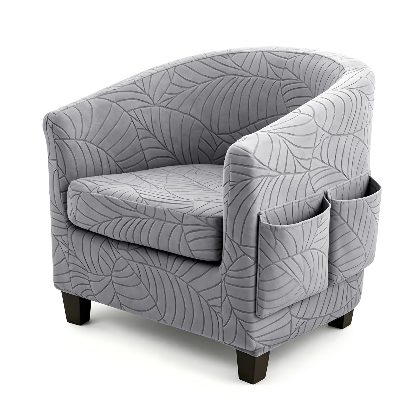 Tub Chair Cover 2 Piece - Leaf Pattern Elastic Armrest Chair Cover with Individual Seat Cushion Cover, Washable Bucket Chair Covers Furniture Protector for Living Room, Office, Hotel (Light Grey)