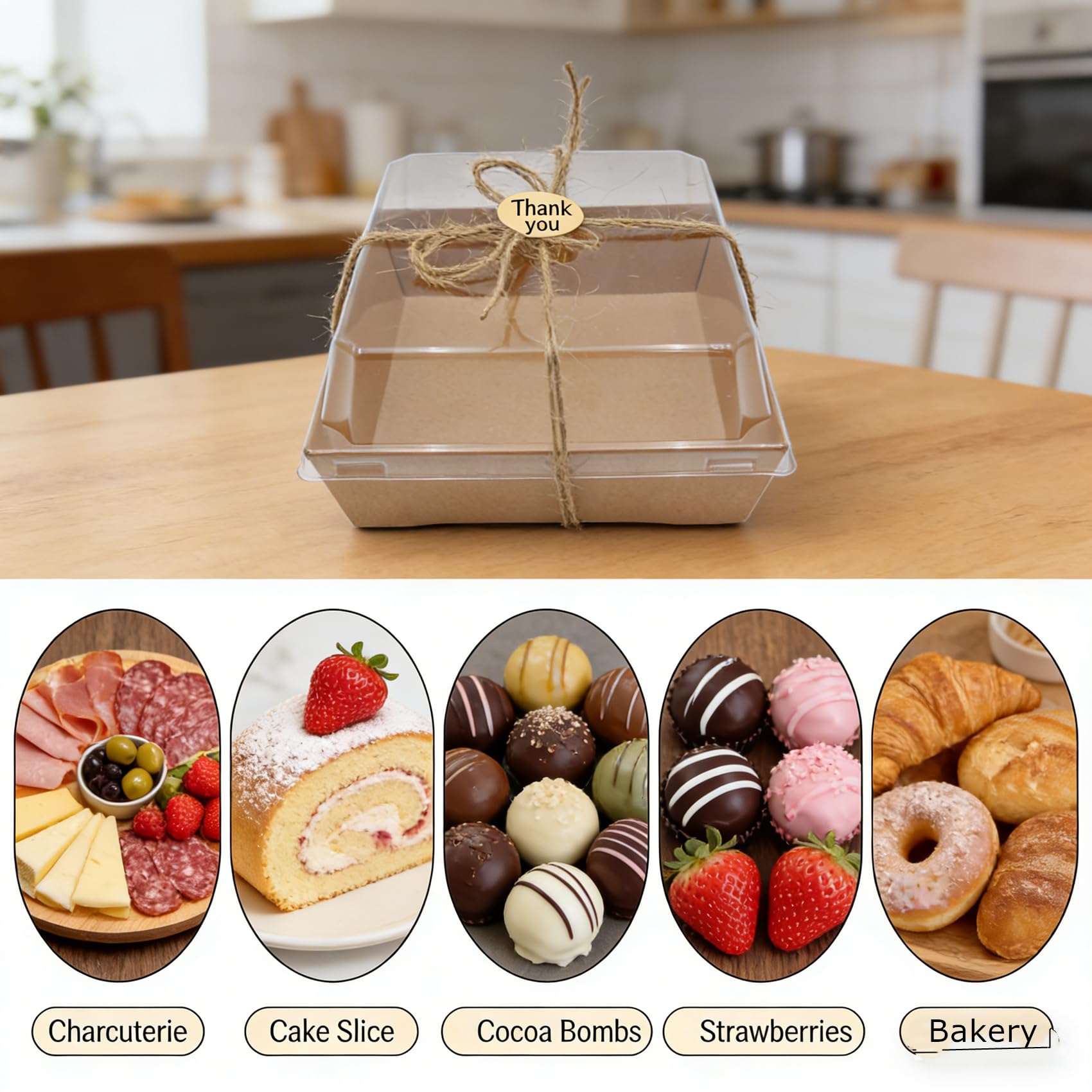 Confezione da 40 scatole di carta per salumi con coperchio trasparente, 17,8 x 12,7 cm, contenitori usa e getta da asporto, scatole da asporto per fette di torte, cupcake, panini, biscotti