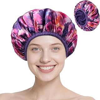 Upgraded Waterproof Terry Shower Caps, Reusable Shower Cap for Women with Long Hair, Soft Absorbent Hair-Protecting Towel Lining Bath Cap, Large Leak-Proof Hair Cap with Fashionable Print Outer-Purple