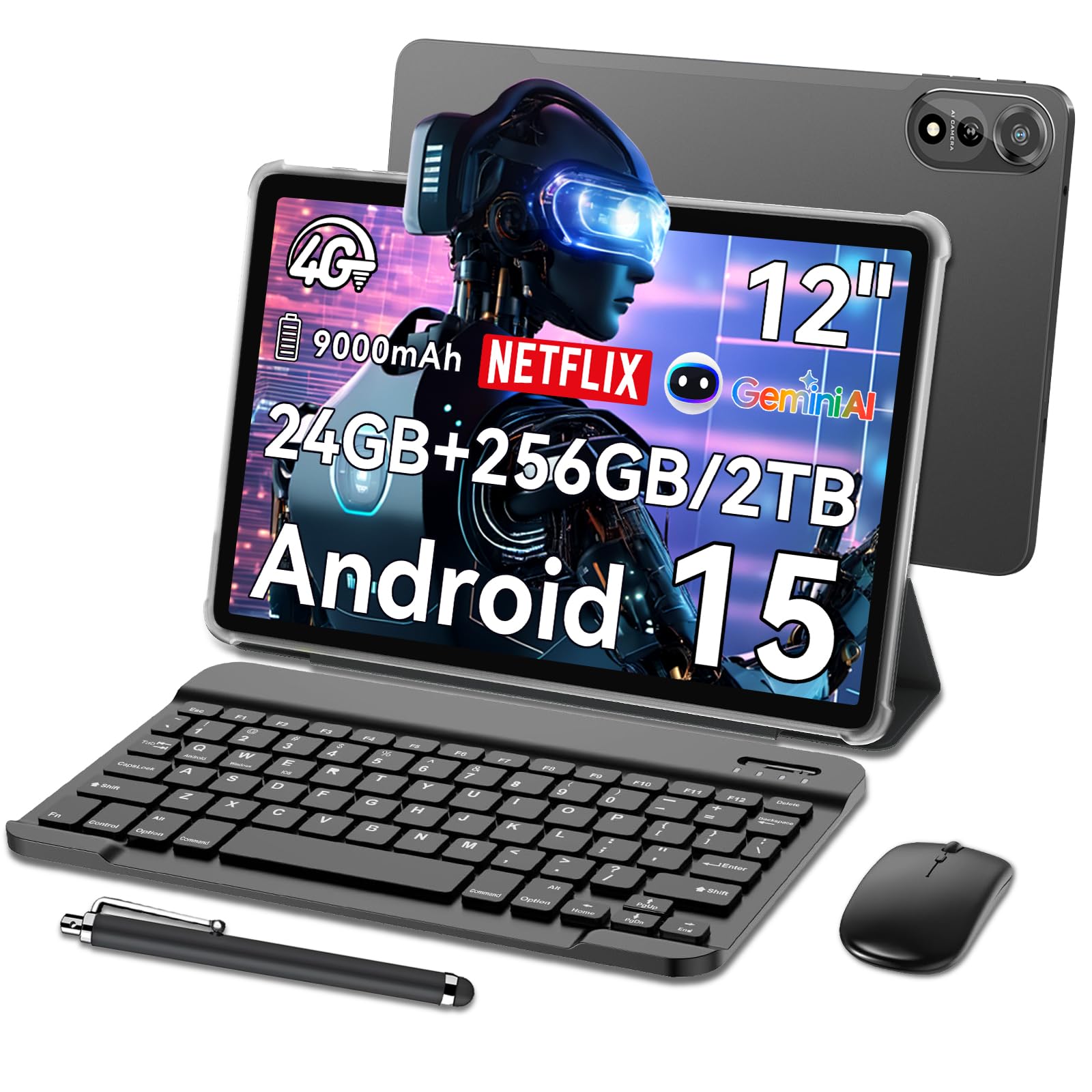 Blackview Mega2 Tablet 12 Pollice Android 15 Tablet con Tastiera, 24GB RAM 256GB ROM con SIM 4G, 2K FHD+, Gemini AI, 9000mAh, Doppia fotocamera, Widevine L1, GPS, Face ID, Mouse, Custodia, Penna