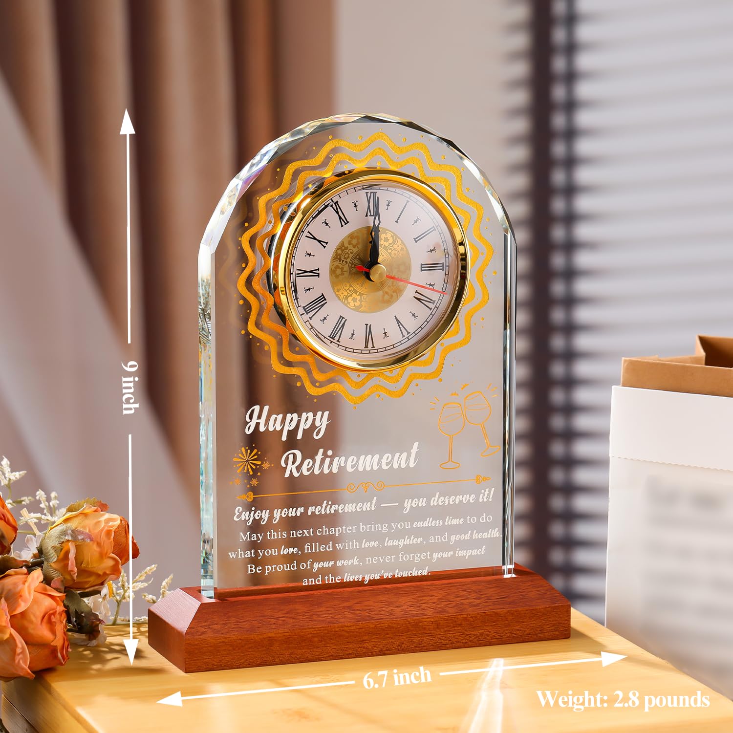 K9 - Reloj de cristal para jubilación para mujeres y hombres, con base de madera y grabado láser, recuerdo inspirador de 6.5 x 8.5 pulgadas para profesores, enfermeras, médicos, jefes