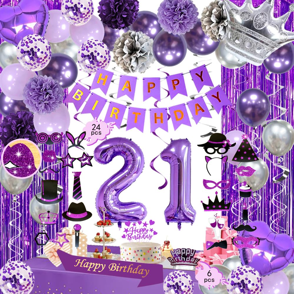 Succris Purple 21st Birthday Decorations Kit,Happy Birthday Banner,21 Number Balloons,Birthday Hats-6Pcs Sash Cake Topper,Confetti Balloons,Fringe Curtain tablecloth,for 21st or 12nd Birthday Party