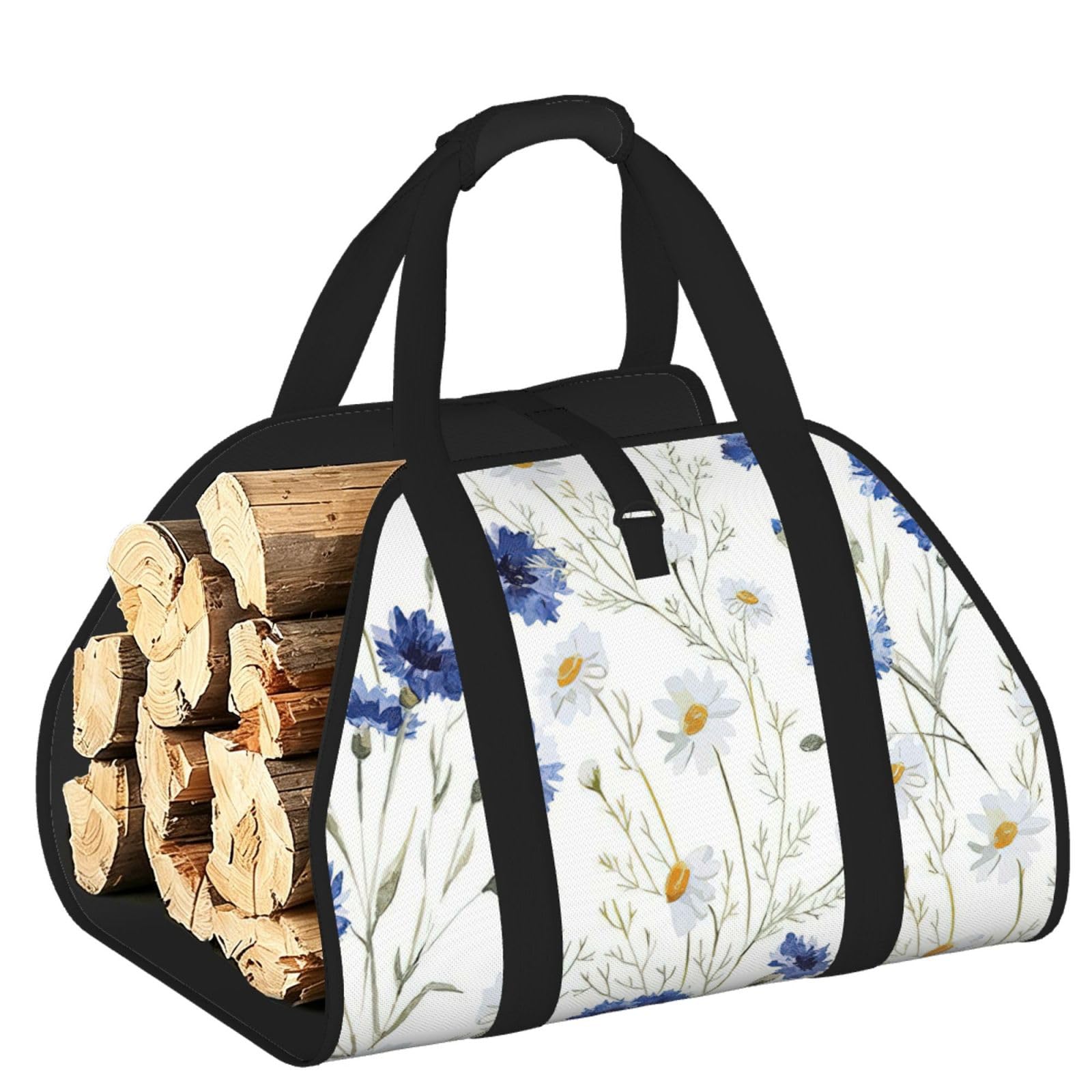 Ayyqwe Black Wild Flowers And Cornflowers Daisies Print Firewood Bag Wood Waterproof Versatile Camping Picnic Storage Daily Home