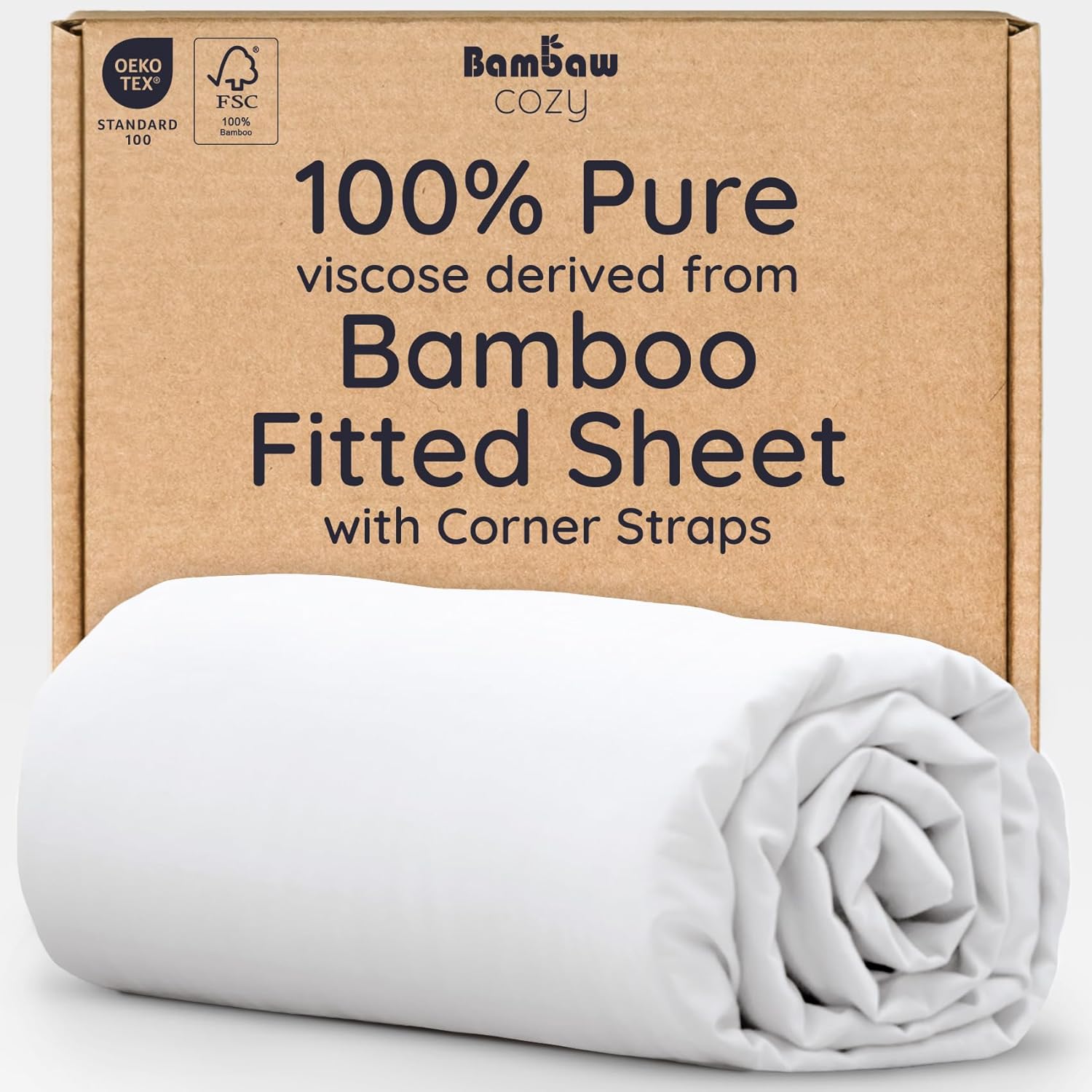 Bambaw White Queen Fitted Sheet with Elastic Corner Straps, 100% Viscose Derived from Bamboo, 16'' Deep Pocket, Queen Size