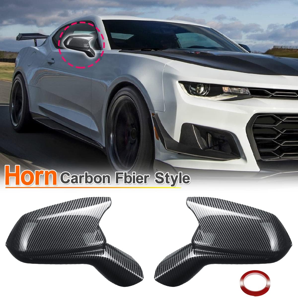1pair Glossy Black Carbon Fiber Horn Style Rearview Side Mirror Cover Caps For Chevy Camaro SS RS ZL1 LT 2016-2021 (Carbon Fiber)