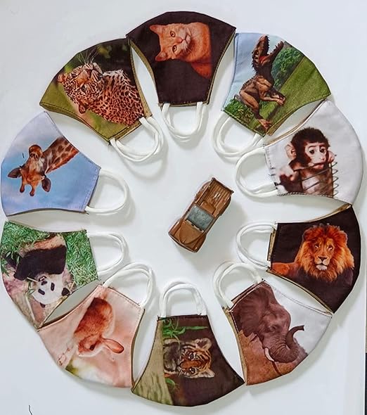 KRIPARA SALES Face Mask for Kids, Boys & Girls Age 3-15 Years Cotton Jungle Animals Monkey, Lion, rabbit, panda, Dinosaur, cat, elephant Washable & Reusable Fabric: Cotton) (Pack of 10)