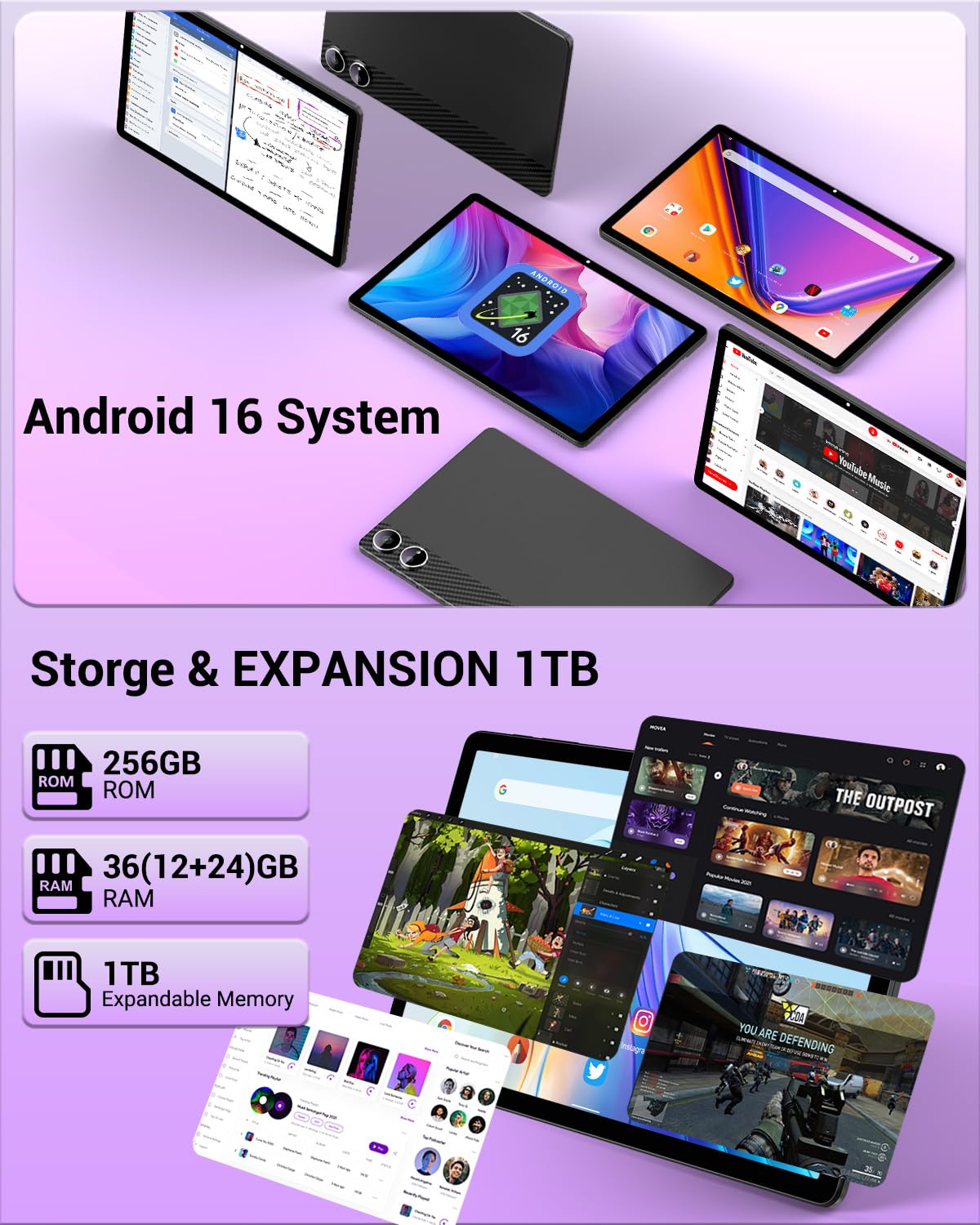 LORDWIT Android 16 Tablet 11 Zoll, 36GB RAM 512GB ROM/1TB TF, Dual SIM 4G LTE Tablet mit Tastatur, 90Hz HD IPS Display, Octa Core, Widevine L1,WLAN, GPS, Tablets mit Hülle/Kopfhörer/Touch-Stift/Maus - 4