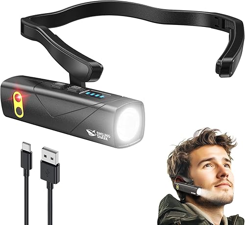 Smiling Shark Linterna frontal recargable, 2025 nueva lámpara LED de cabeza montada en la oreja 1000 lúmenes con sensor de movimiento y 5 modos en
