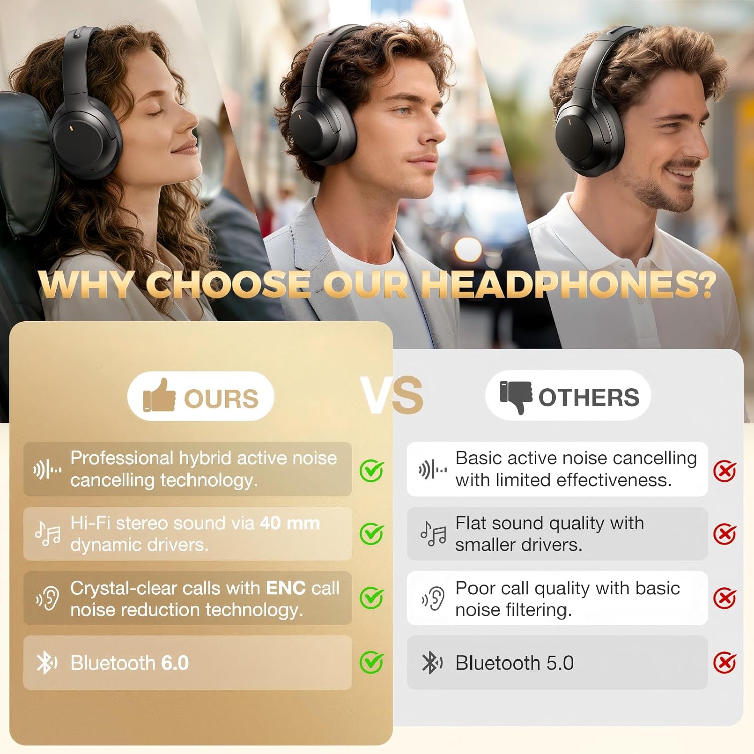 Upgraded Pro‑level Hybrid Active Noise Cancelling Headphones, HD Sound & Big Bass, 2X Softer Comfort, Long ANC Playtime, Wireless Over-Ear Bluetooth Headphones Perfect for Home Office|Travel|Pair - Image 2