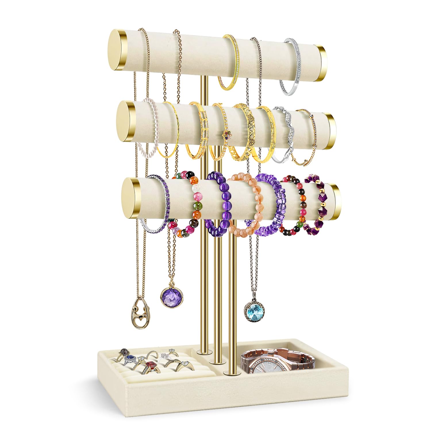 Flexzion Women's Beige 3 Tier Bracelet Holder Display Stand - Velvet Bracelet Holder Organizer With Detachable T Bar - Jewelry Display Stand For Bracelets, Bangles, Necklace, Watches, Rings