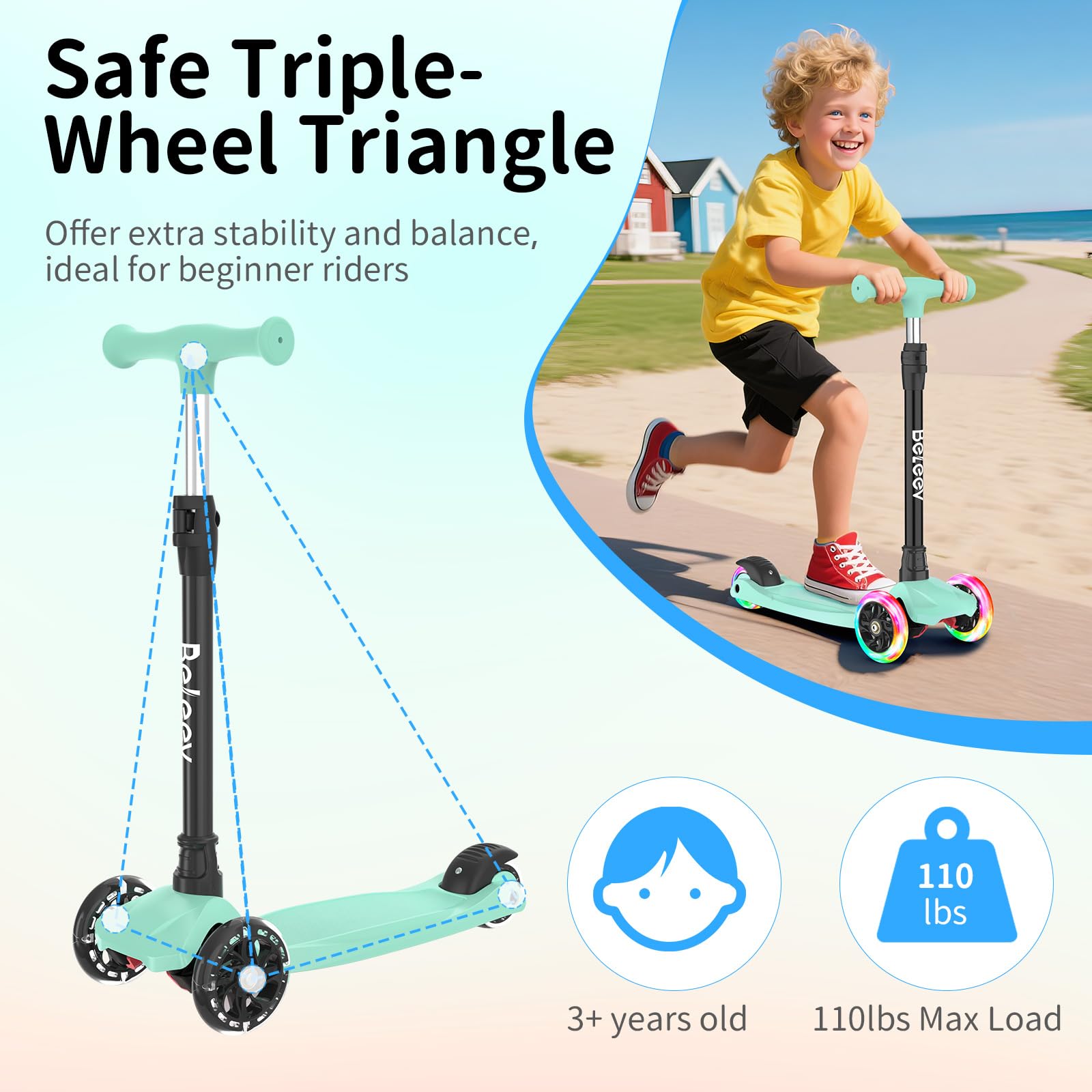 BELEEV A3 Roller Kinder 3 Jahre, 3 Räder Scooter Kinder mit LED Leuchtende Räder, 5 Höhenverstellbare, Lean to Steer, Rutschfestes Deck, Premium Kinderroller 3-12 Jahre Mädchen Jungen, Dreiradscooter