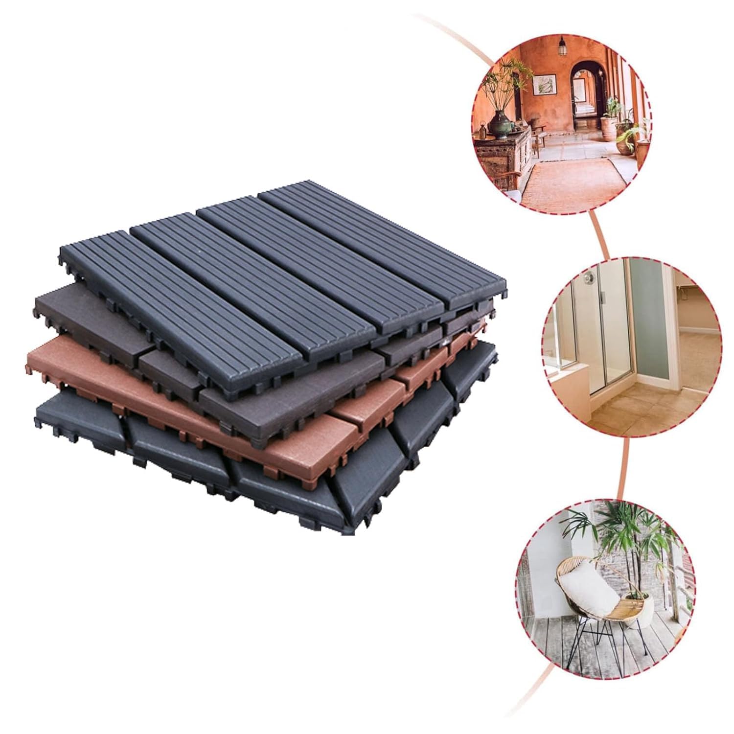 Dalles et lames de terrasse en composite, Tuiles de terrasse à emboîtement composites en bois, 30 pièces multicolores 12x12 pouces(Brown Red)