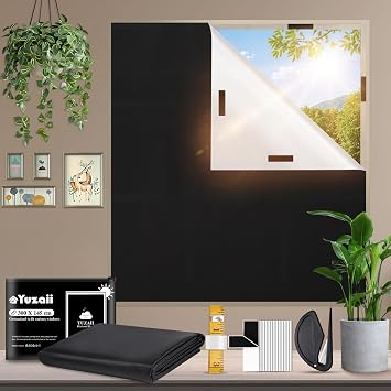Blackout Blind 300x145cm Stick On Black Out Blinds for Windows, No Drill Temporary with 20 Hook & Loop Tapes for Bedroom, Travel Black