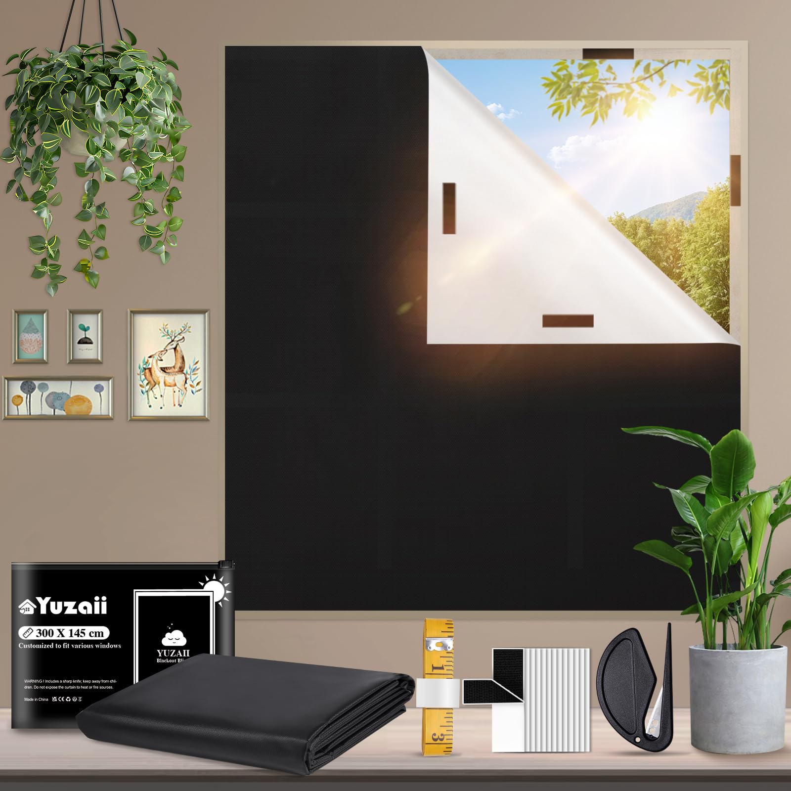 Blackout Blind 300x145cm Stick On Black Out Blinds for Windows, No Drill Temporary with 20 Hook & Loop Tapes for Bedroom, Travel (Black)