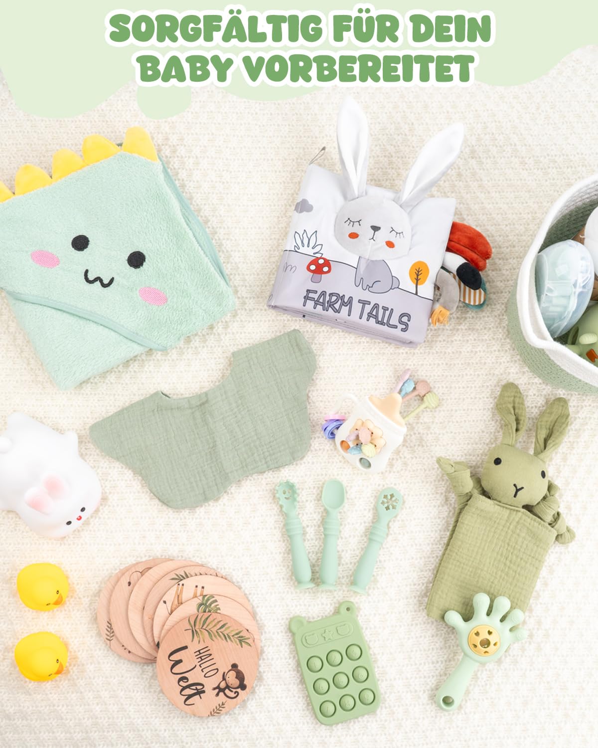 Geschenk zur Geburt, Neugeborenen Geschenk für Jungen & Mädel, Grün | Mit Babydecke, Baby-Nagelfeile, Beikost-Zubehör und Schnuffeltuch.