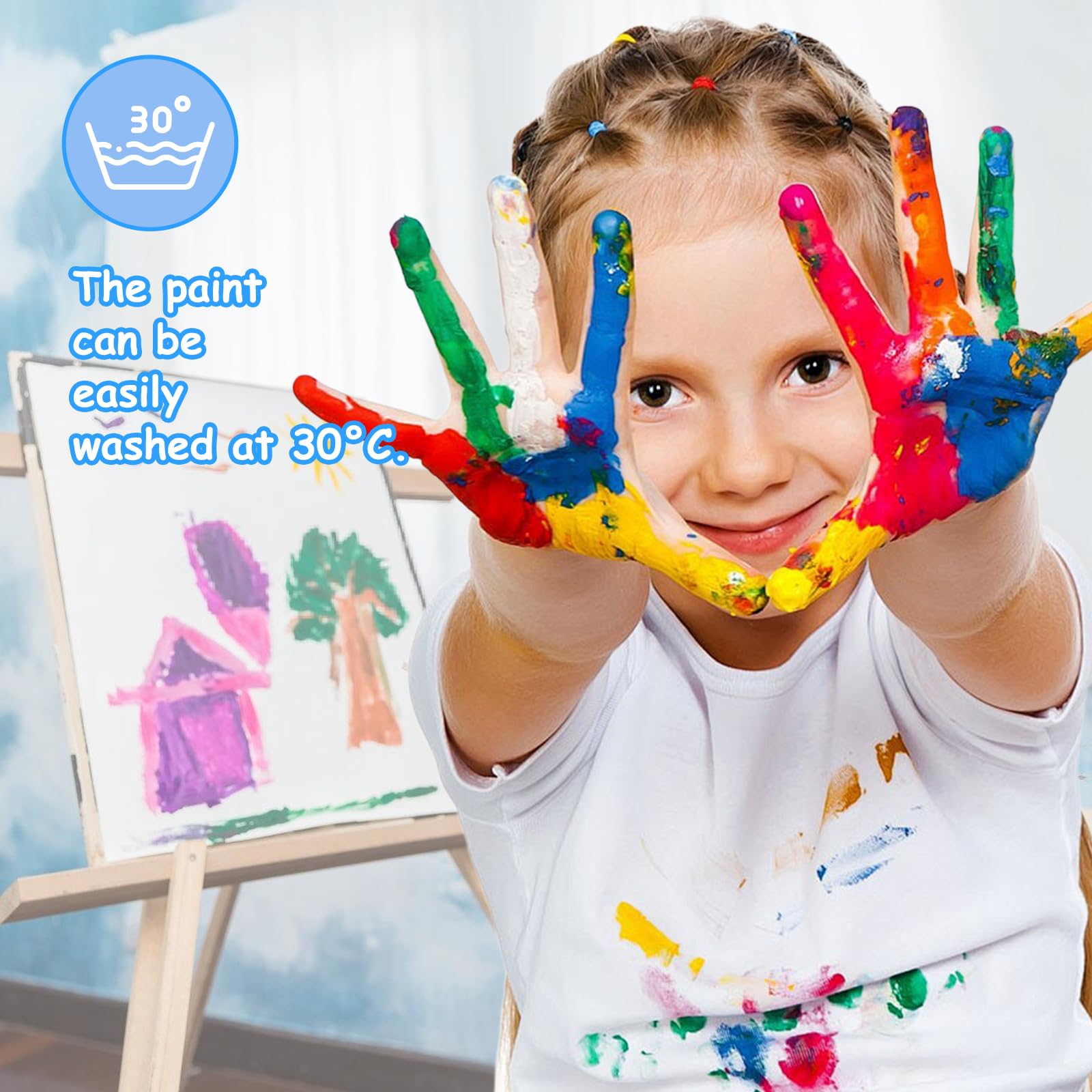 Pintura de Dedos para Niños Lavable,51 Pcs Juego de Pintura para Dedos No Tóxicas,12 Colores (60ml),con Pinceles,Esponja,Paleta y Bata,Niños Pintura Temprana Artes DIY Artesanías