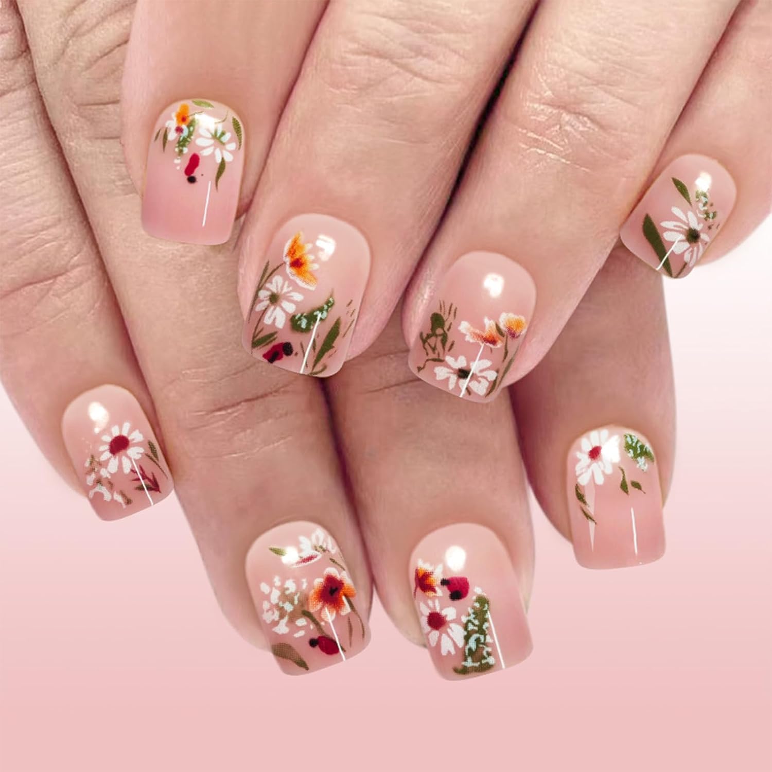 Green Leaf Press on Nails - Glossy Pink Ombre Artificial Nails
