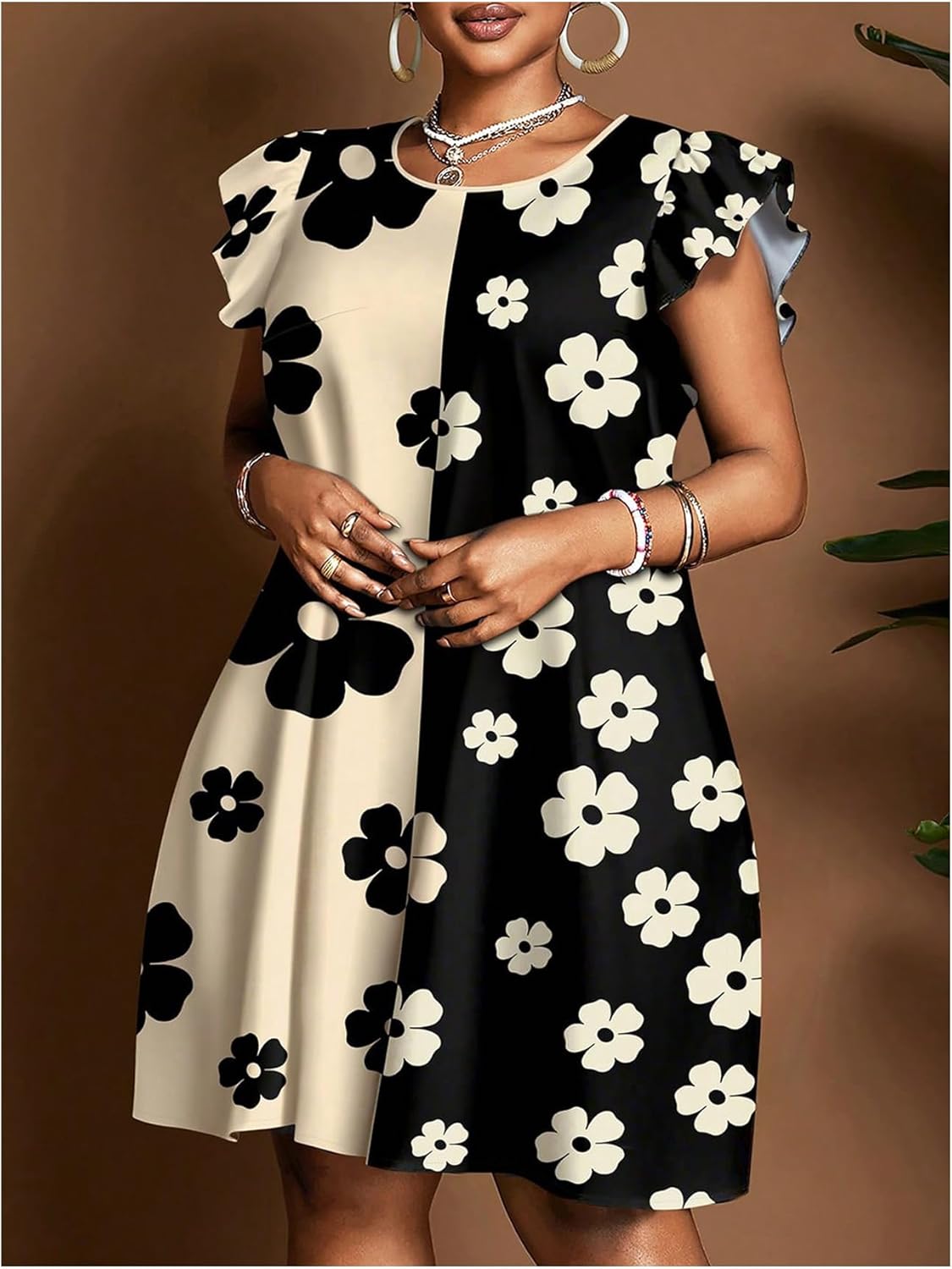 Floerns Women's Plus Size Floral Cap Sleeve Sundress Crew Neck Vacation Tunic Dresses - Image 2