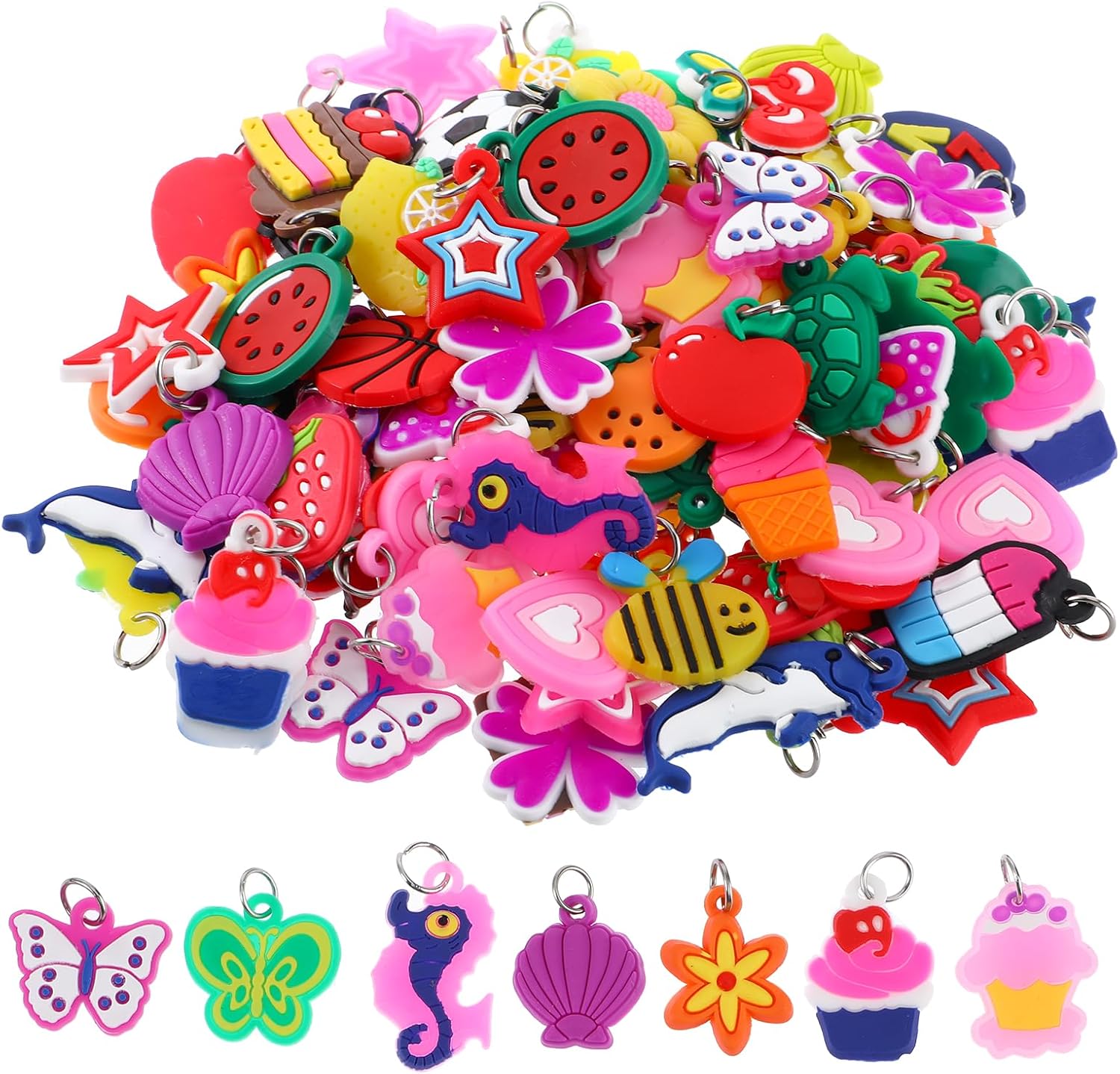 Nogeqi 120 Pcs Silicone Charms for Bracelets,Rubber Loom Band Charm,Rubber Band Bracelets Charm,Charms for Jewelry Making,DIY Handmade Materials(Random styles)