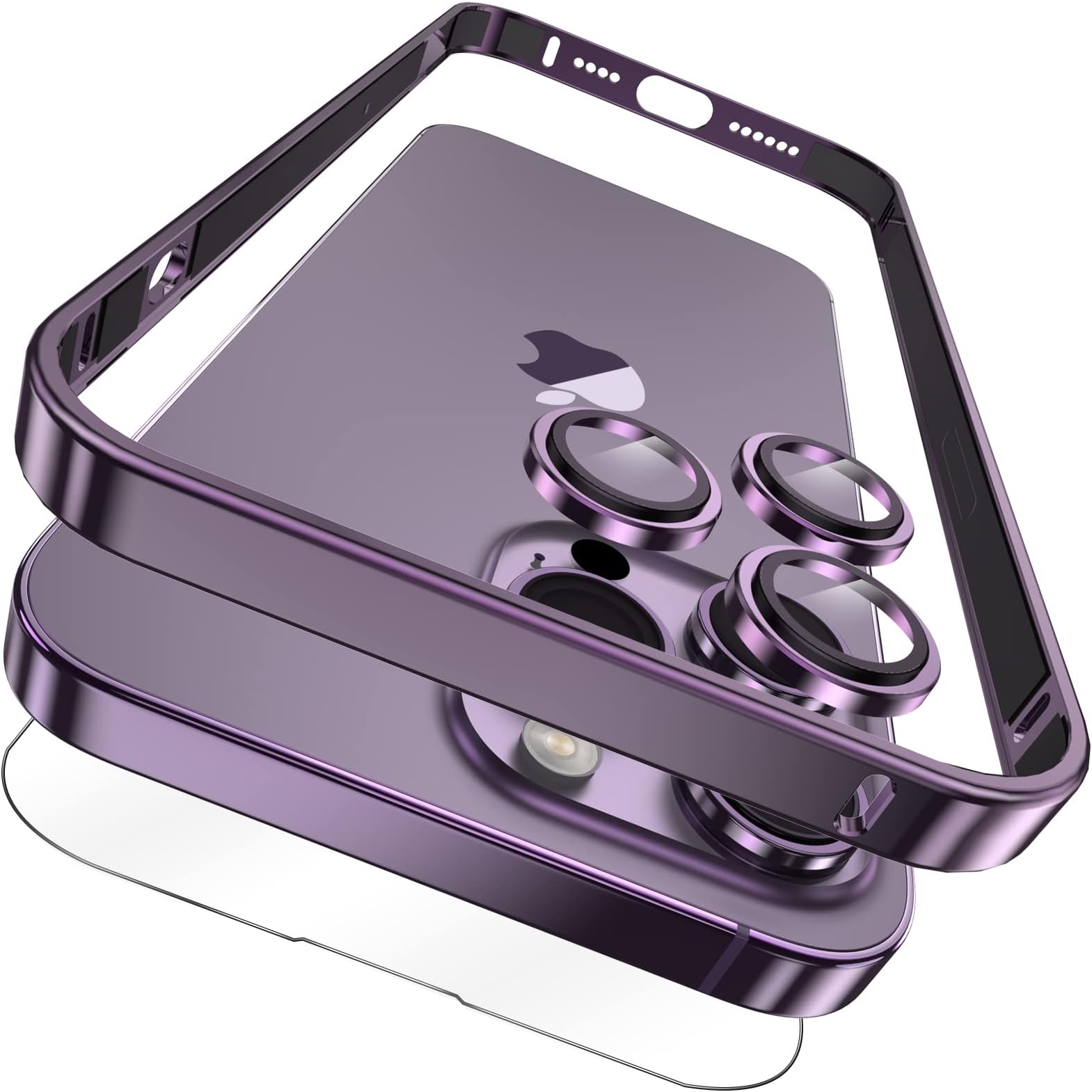 YMHML [3 in 1 for iPhone 14 Pro Max Titanium Frame Case with Screen Protector and Camera Lens Protector Tempered Glass, Metal Bumper Slim Hard Straight Edge Full Drop Protection Accessories, Purple