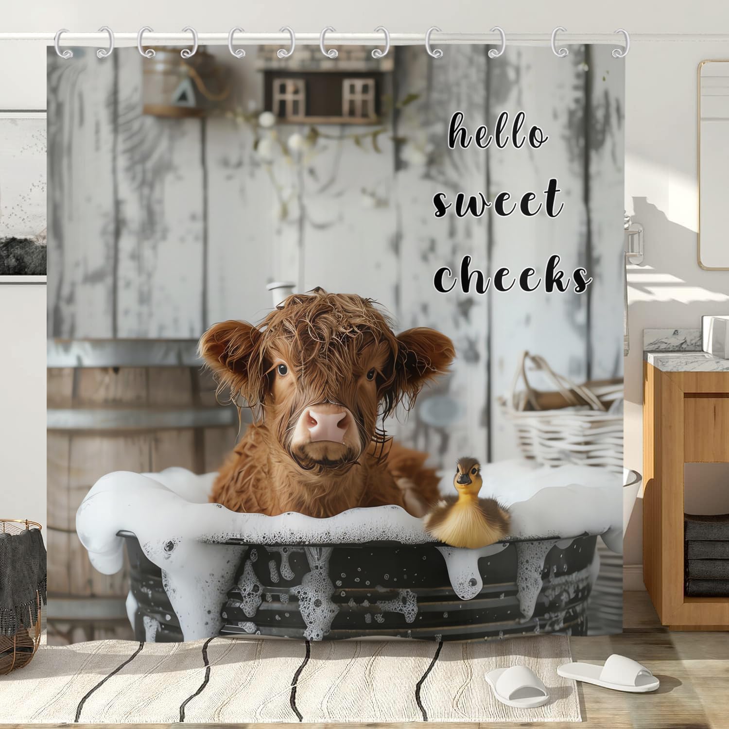 Hnmdmyi Funny Highland Cow Shower Curtain 120x200, Farmhouse Western Animal Cattle Duck Bathing in Bubbly Bathtub Bathroom Curtains Waterproof Polyester Fabric Washable Bath Curtains with Hooks