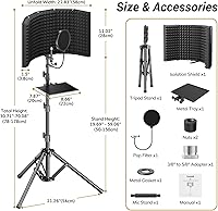 Vista 4 de TONOR Paquete de protectores de aislamiento para micrófono, escudo de espuma acústica con filtro pop y soporte de trípode, diseño plegable, adecuado