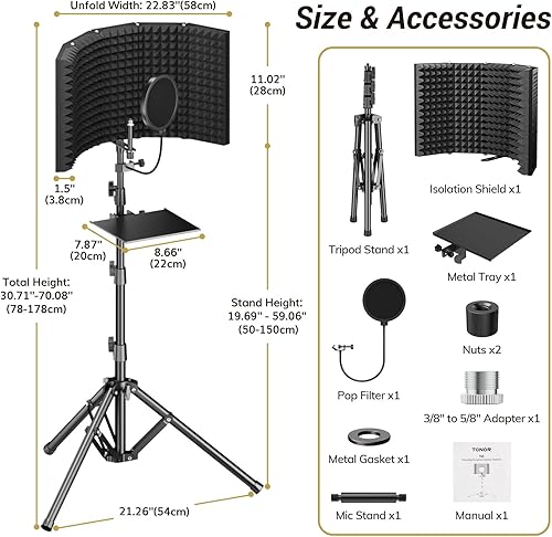 Miniatura 4 de TONOR Paquete de protectores de aislamiento para micrófono, escudo de espuma absorbente de alta densidad con filtro pop y soporte para trípode,