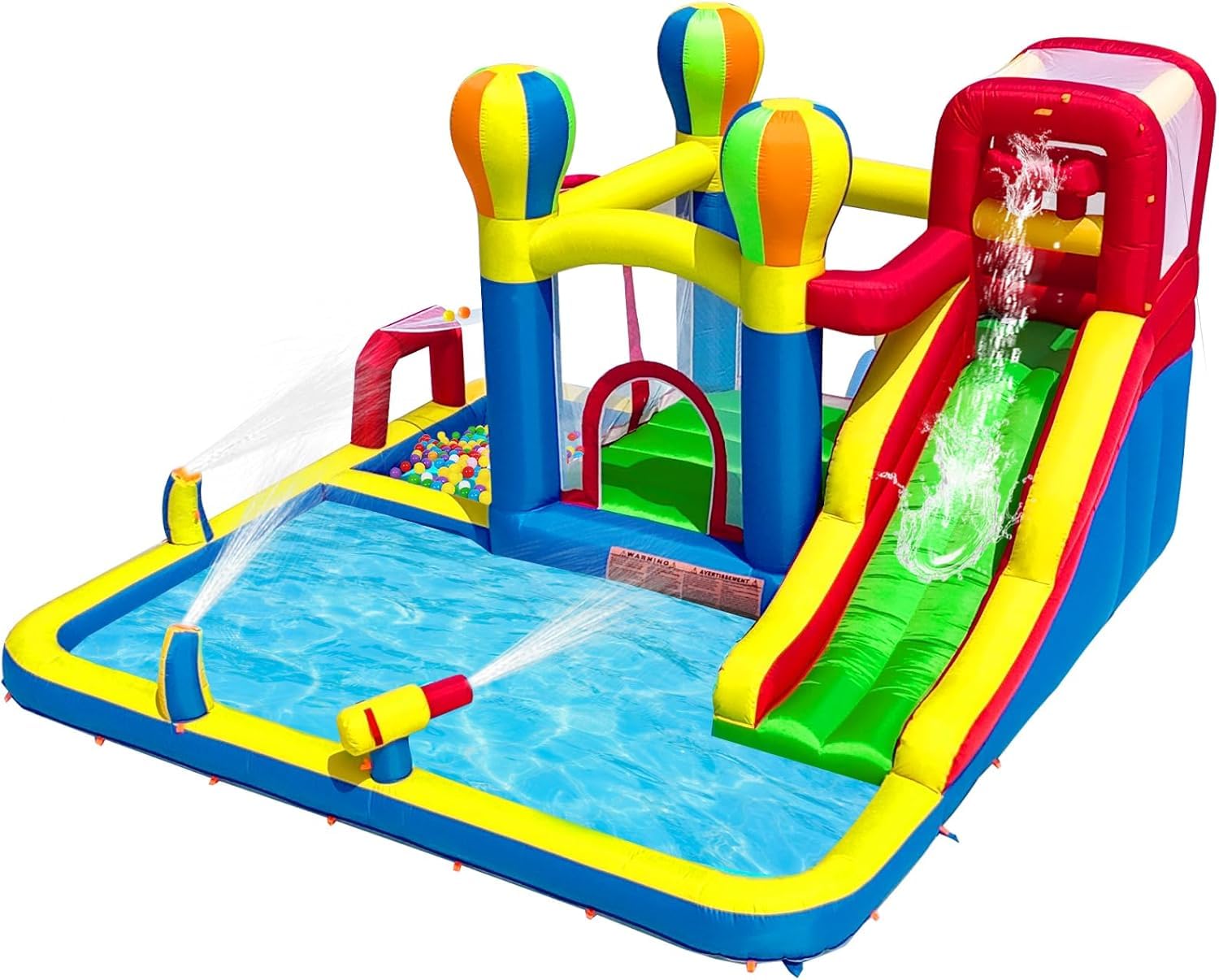 Ballsea Bouncy Castle, Inflatable Bounce House Water Slide with Surprise Dump Bucket, Double Splashing Pools, Climbing Wall