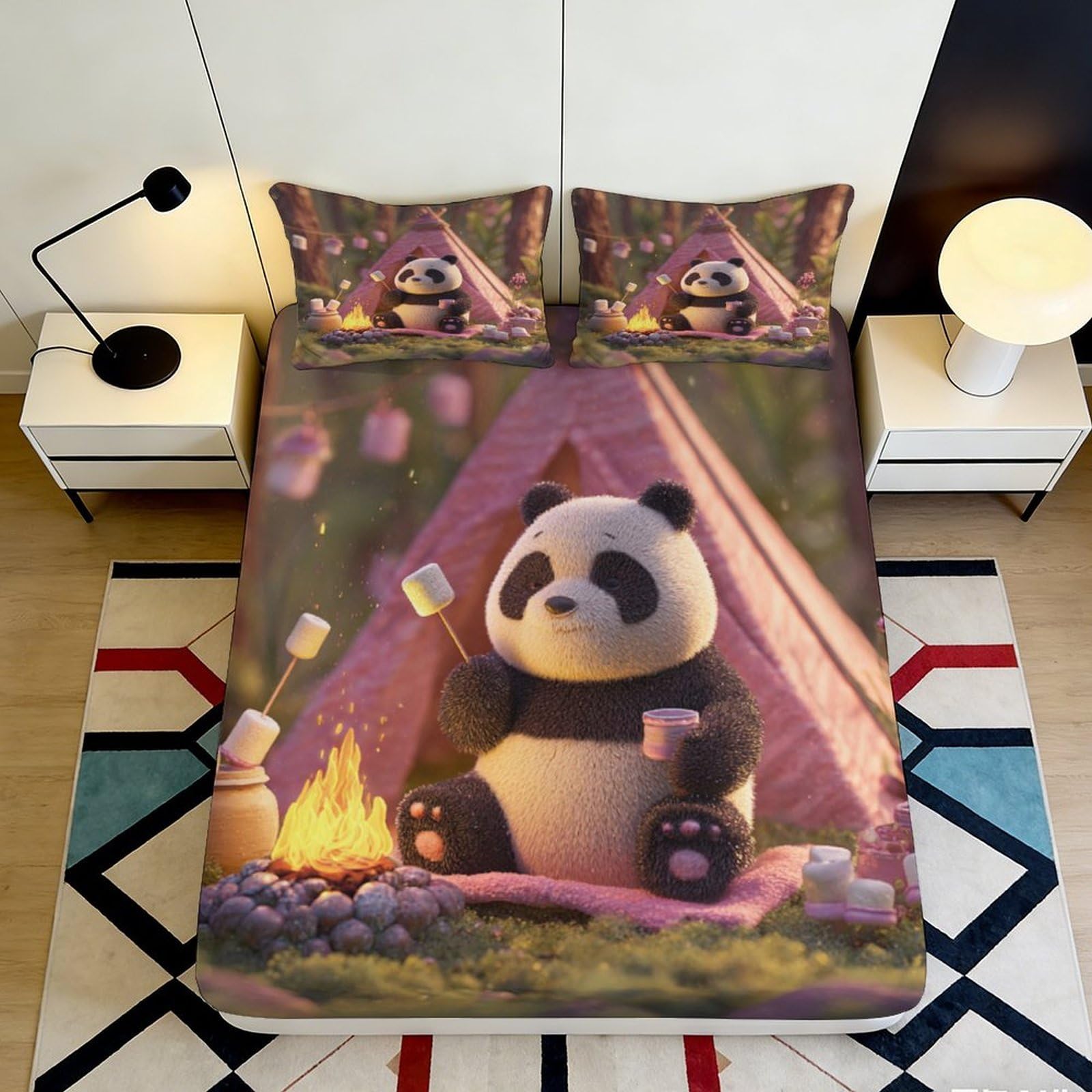 3D Printed Cartoon Panda Fitted Sheet Microfiber Deep Pocket Non-Slip Bedding Full Wrap Panda Mattress Fitted Cover Washable for Bedroom Adults Teens 200x200x25cm 90x200x25cm