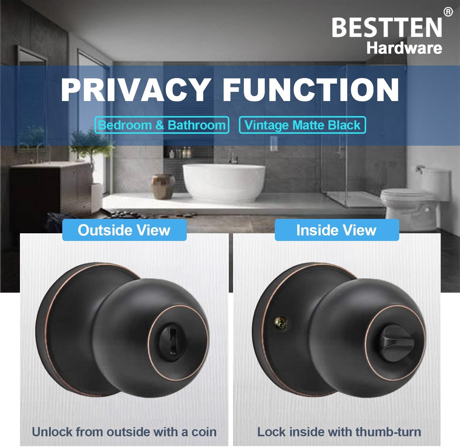 Super Cheap 🛒 [10 Pack] BESTTEN Privacy Door Knob Set with Removable Latch Plate, All Metal, Vintage Matte Black, Round Ball Door Knob for Bedroom and Bathroom