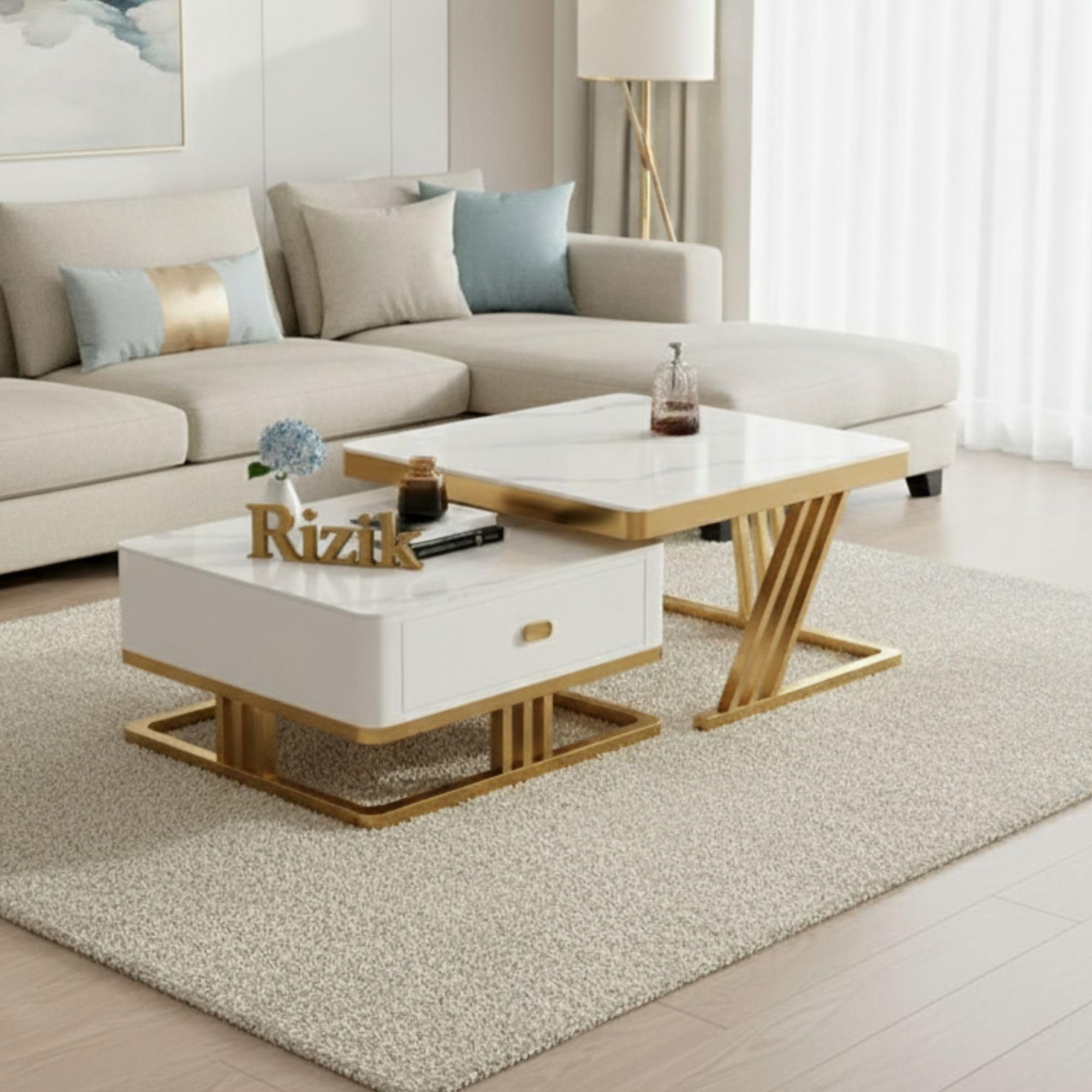 RIZIK STORE™ Iron Frame Handmade Drawer Square Coffee Table/Nesting Table/Side Table/Center Table with Engineered Wood Top for Living Room/Drawing Room/Balcony (Gold- 30"x30")-image-38