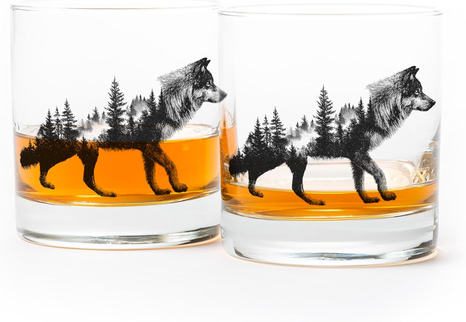 Black Lantern Nature Whiskey Glasses Set of 2 – 11oz Heavy Base Old Fashioned Rocks Glasses – Screen Printed Wildlife & Landscape Designs with Gift Box (Double Exposure Wolf)