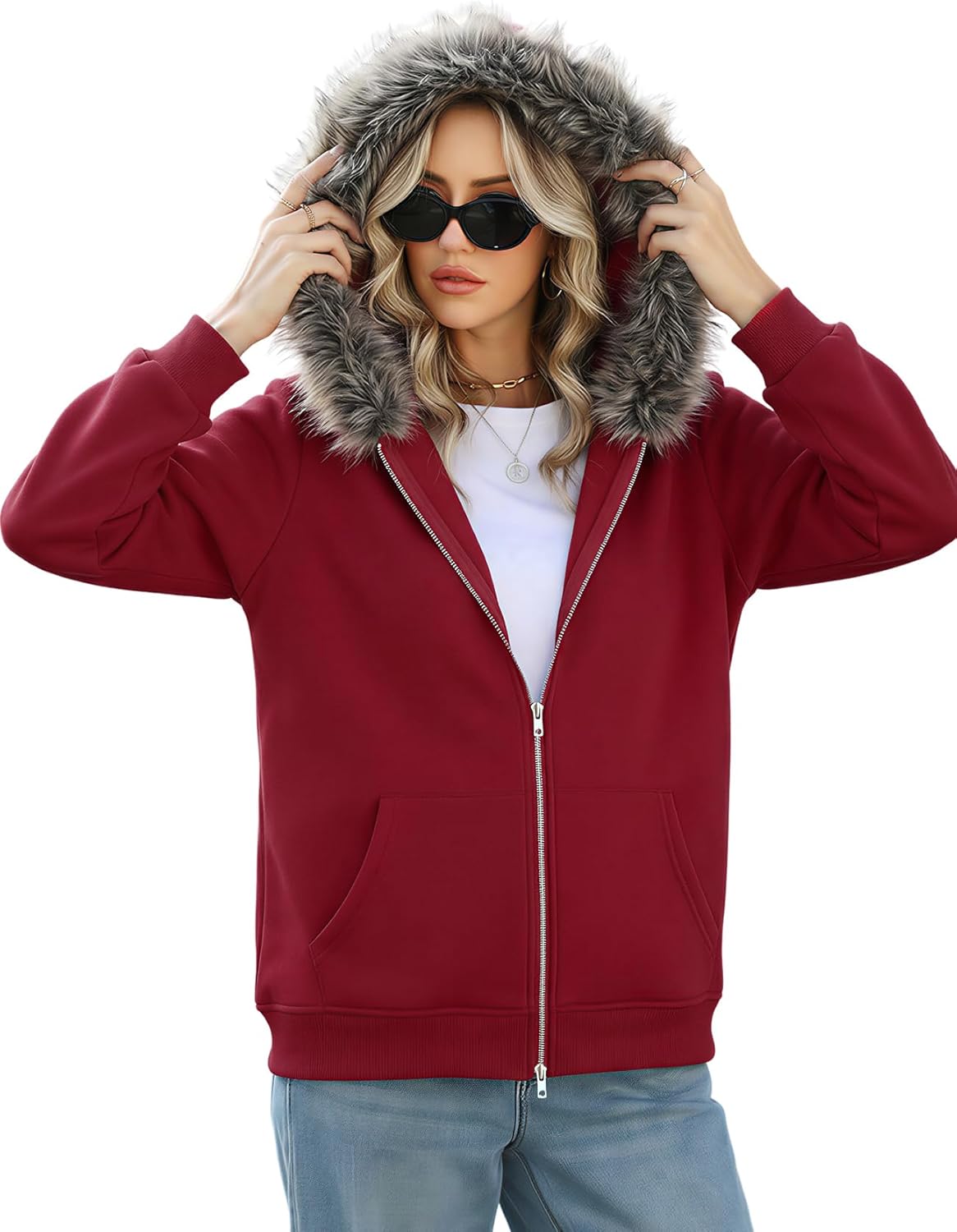 Wyeysyt Women's Y2k Hoodie Jacket Faux Fur Zip Up 2000s Clothing Emo Grunge Coat 90S Hood Vintage Teen Sweatshirts