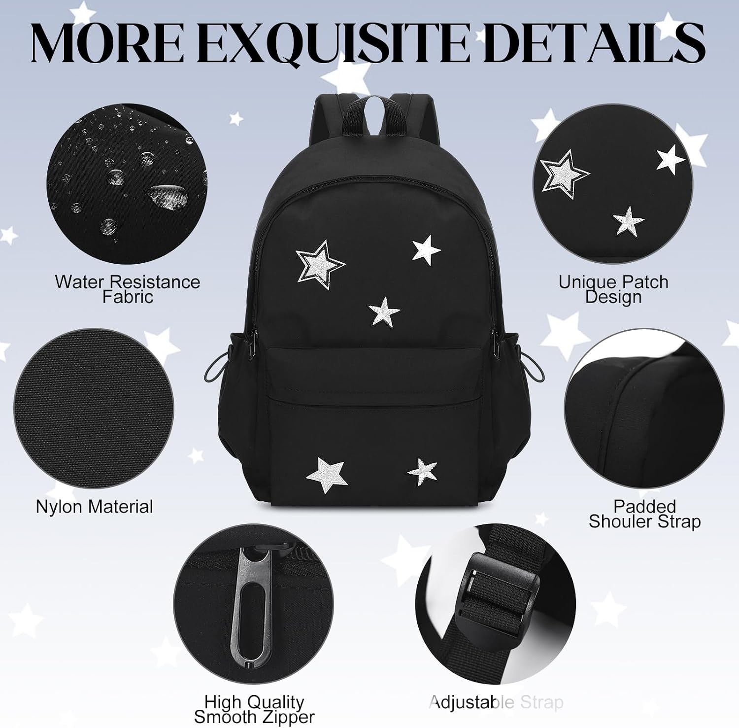 3 Pcs Cute Y2k Star Backpack Set with Lunch Bag and Pencil Case, Kawaii Aesthetic Canvas Bookbag, Preppy Grunge Trendy Backpack College Casual Day Pack for Women Black