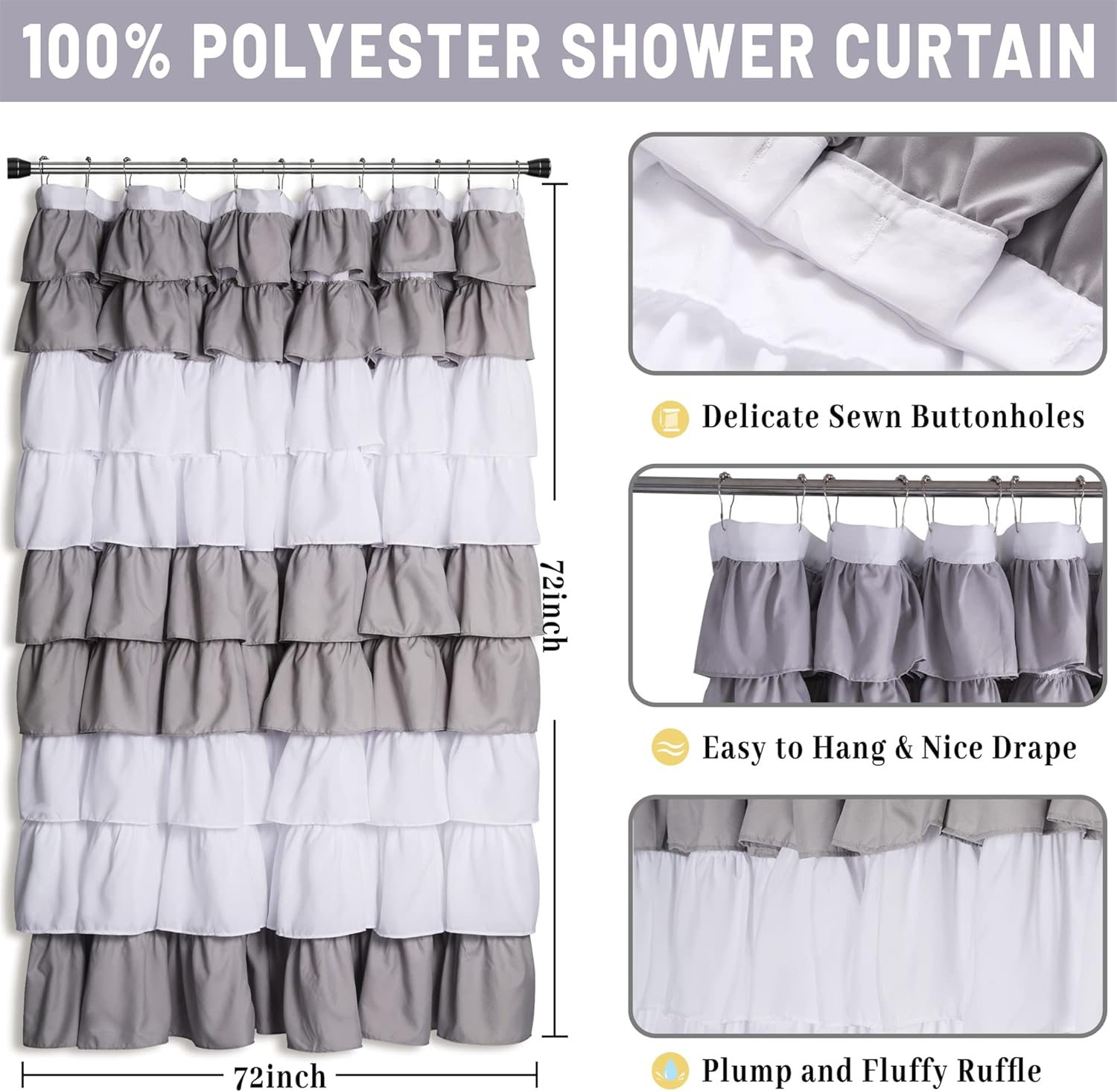 72" x 72" Elegant Ruffle Shower Curtain Modern Farmhouse Fabric Shower Curtain for Bathtub Shower Area Decoration, Grey and White