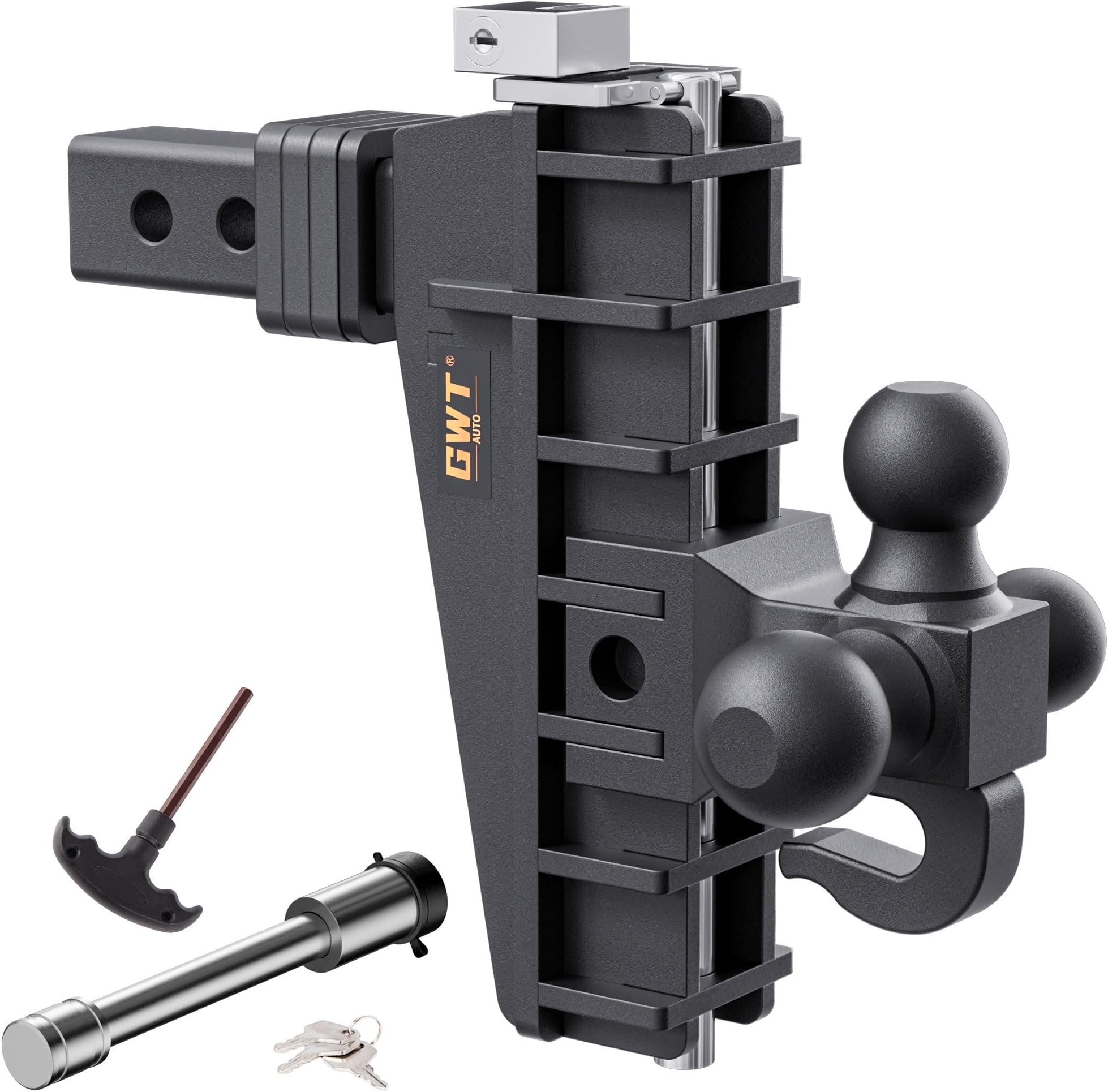 - Adjustable Trailer Hitch with Hook, Tri-Ball (1-7/8" x 2" x 2-5/16") Drop Hitch, Fits 2-Inch Receiver, 8 Inch Drop Hitch, 18500 LBS GTW-Class 3 Tow Hitch for Heavy Duty Truck, Black, Solid Ball Mount