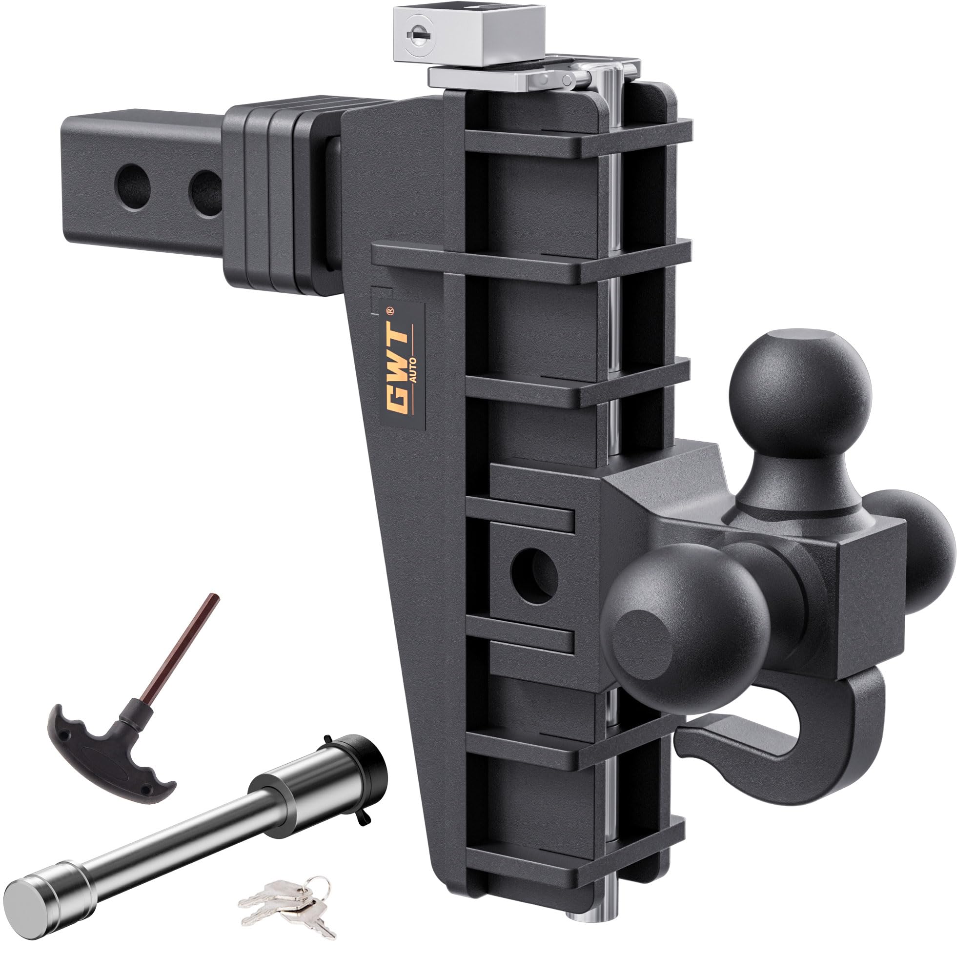 Adjustable Trailer Hitch with Hook, Tri-Ball (1-7/8" x 2" x 2-5/16") Drop Hitch, Fits 2-Inch Receiver, 8 Inch Drop Hitch, 18500 LBS GTW-Class 3 Tow Hitch for Heavy Duty Truck, Black, Solid Ball Mount