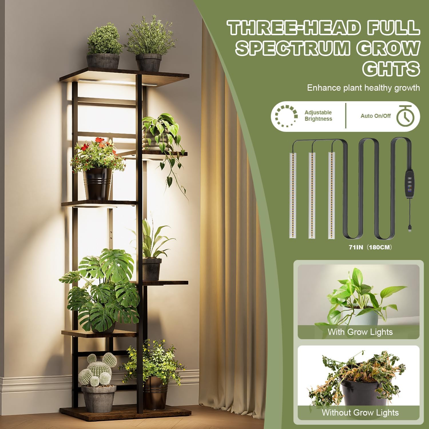 Plant Stand Indoor with Grow Lights, 6-Tiered Tall Plant Stand Metal Metal Corner Large Plant Shelf Display Rack Holder for Patio Living Room Balcony