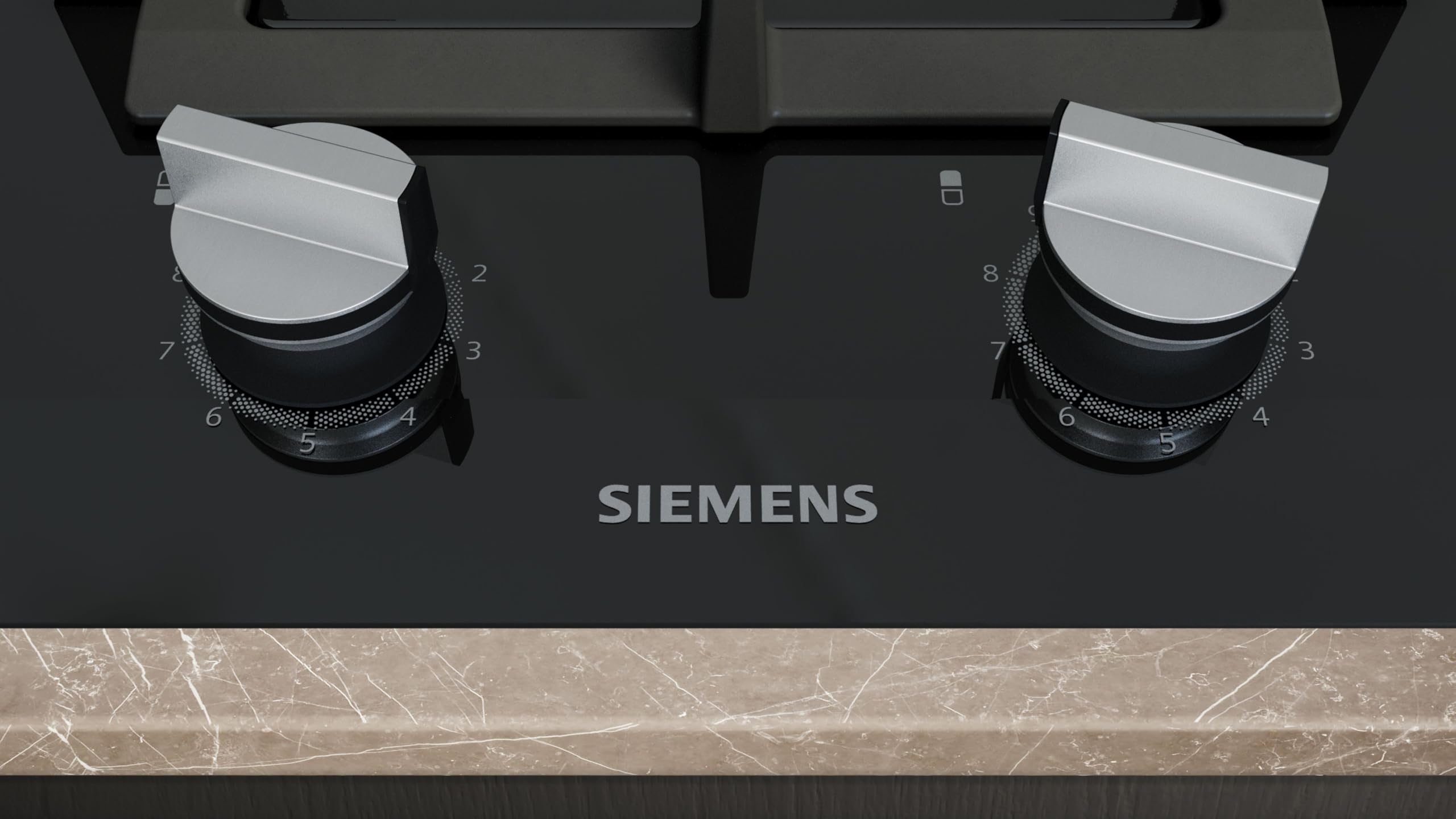Siemens ER3A6BI40 iQ700 Domino-Kochfeld, Gas, 30 cm, 2 Heizelemente, präzise Flammensteuerung, abnehmbare Metallknebel, Glaskeramik-Oberfläche, spülmaschinengeeignete Topfträger, Schwarz