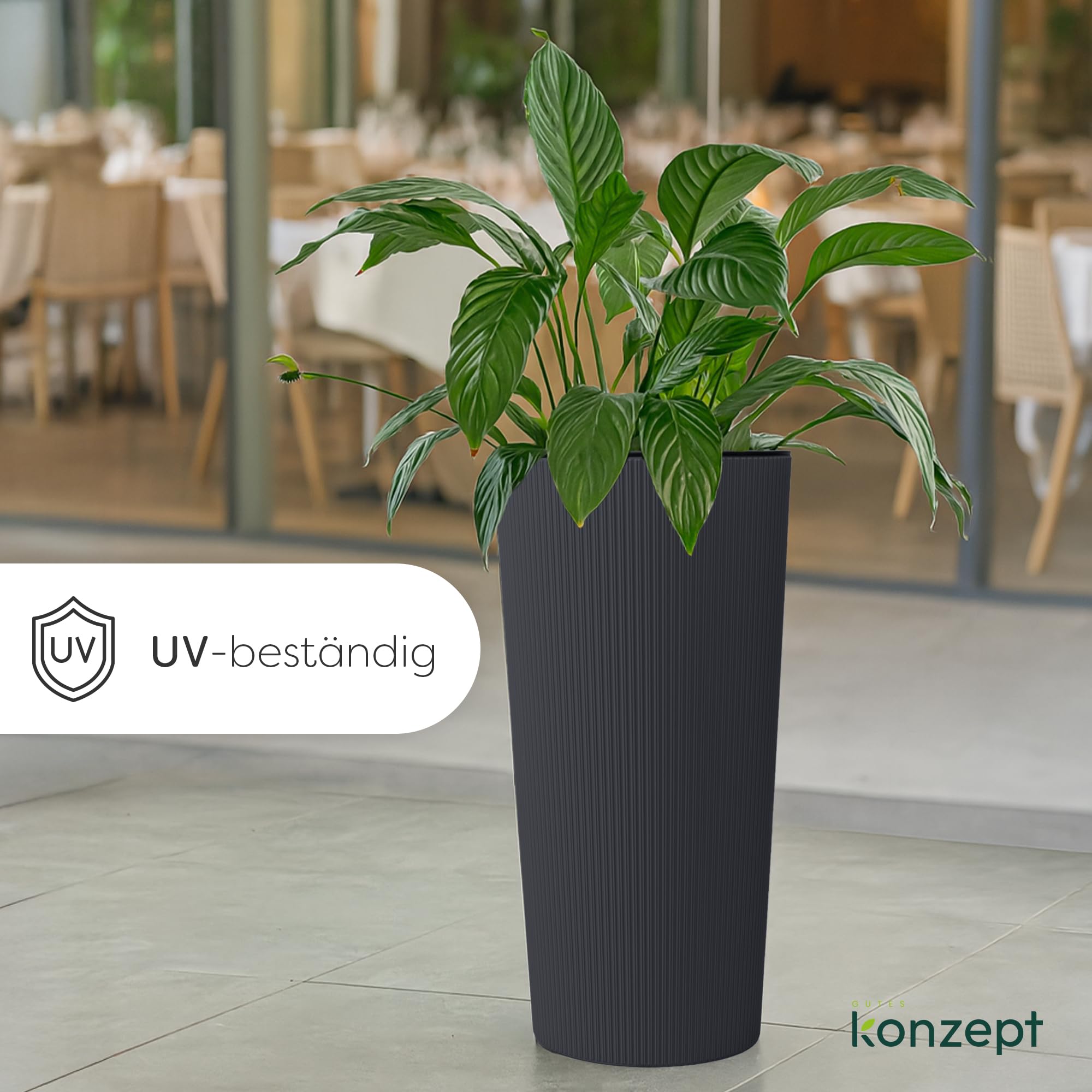 KONZEPT Blumentopf mit Einsatz – Hoch 75cm – für Außenbereich, wetterfest, UV-beständig & mit Rillenstruktur – Anthrazit, Eco-Kunststoff, ideal für Garten, Balkon, Terrasse & Innenräume