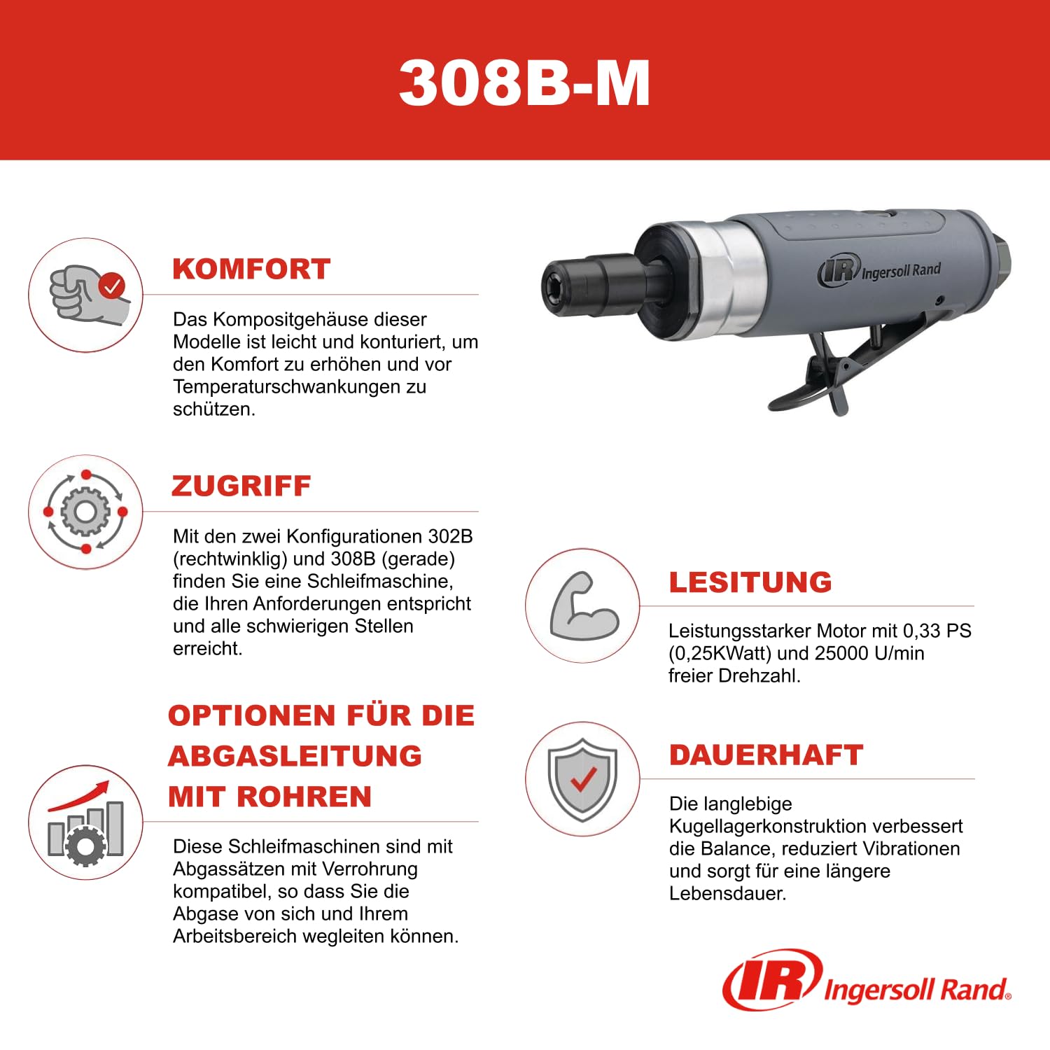 Ingersoll Rand Druckluft Geradschleifmaschine 308B-M, Professionelles Werkzeug als Polier- und Schleifmaschine für Metall, Holz und vieles mehr