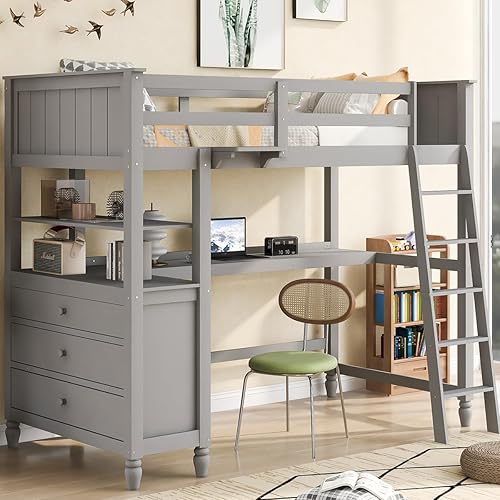 Harper & Bright Designs Twin Size Loft Bed with Desk and Storage, Solid Wood Loft Bed Frame with Drawers and Bookshelf, for Kids Teens Adults - Gray