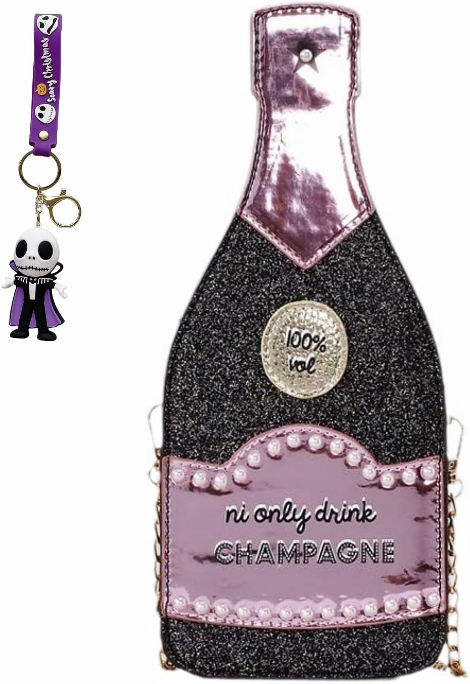 Novelty Champagne Bottle Bag,Fun Shape Purse Chainstrap Glitter,Fun Party Crossbody Bag for Women.