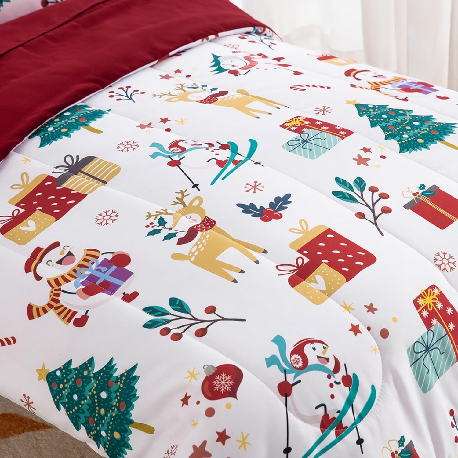 WONGS BEDDING Toddler Bedding Set, Snowman Elk Christmas Tree Pattern, 4 Piece Soft Microfiber Christmas Bed Set
