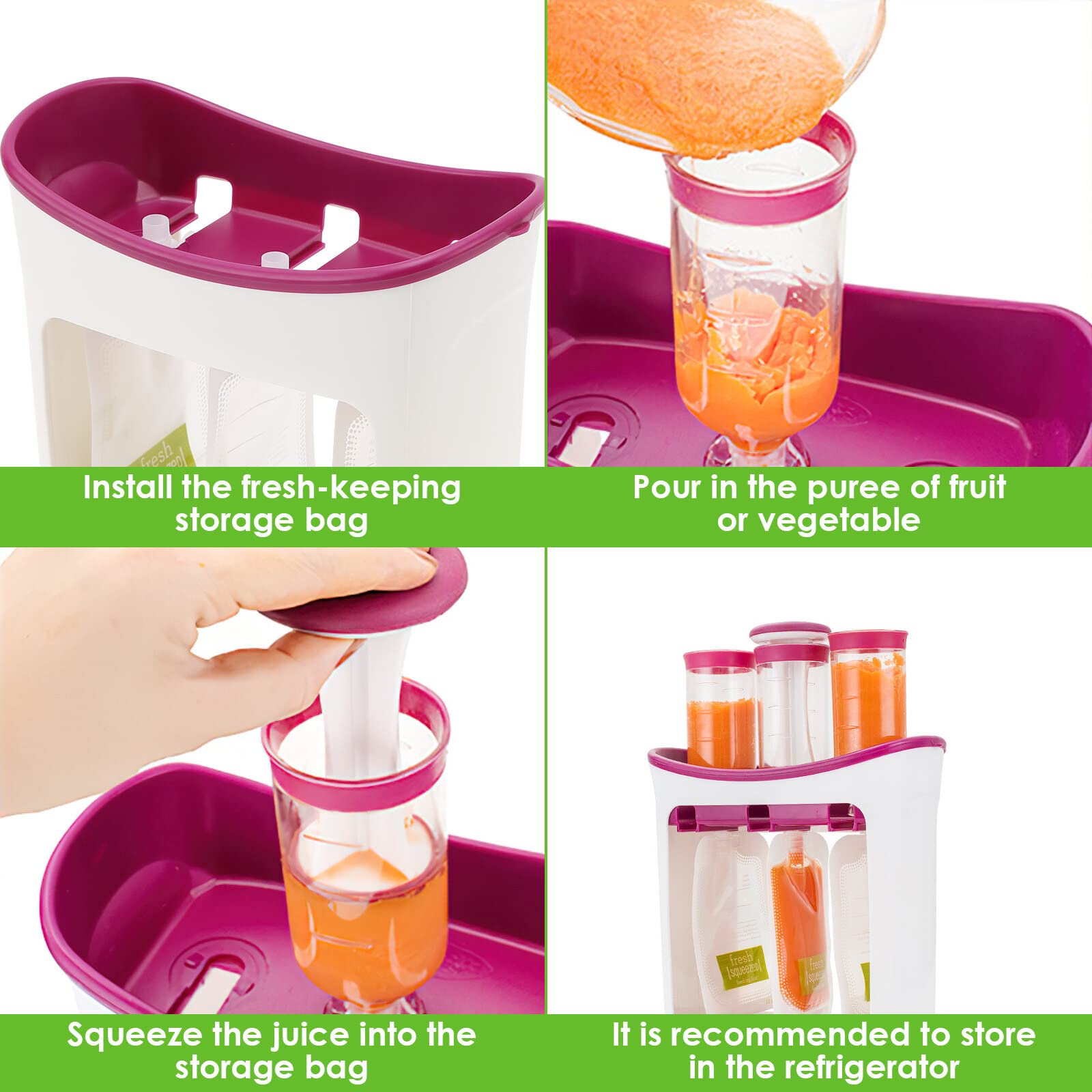 Station de Compression pour Aliments pour Bébé avec 10/15 Sacs Compressibles Sans BPA pour Smoothie Jus de Fruits, Machine à Aliments pour la Maison et La Cuisine