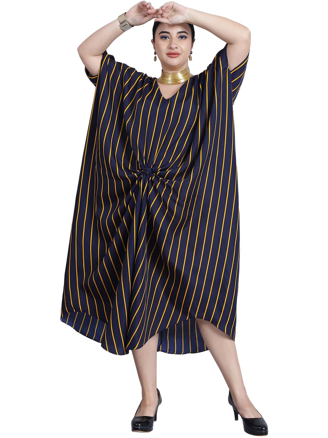 baawri Women's Half Sleeves, Navy Stripe Printed Midi Length Kraftan-picture-48