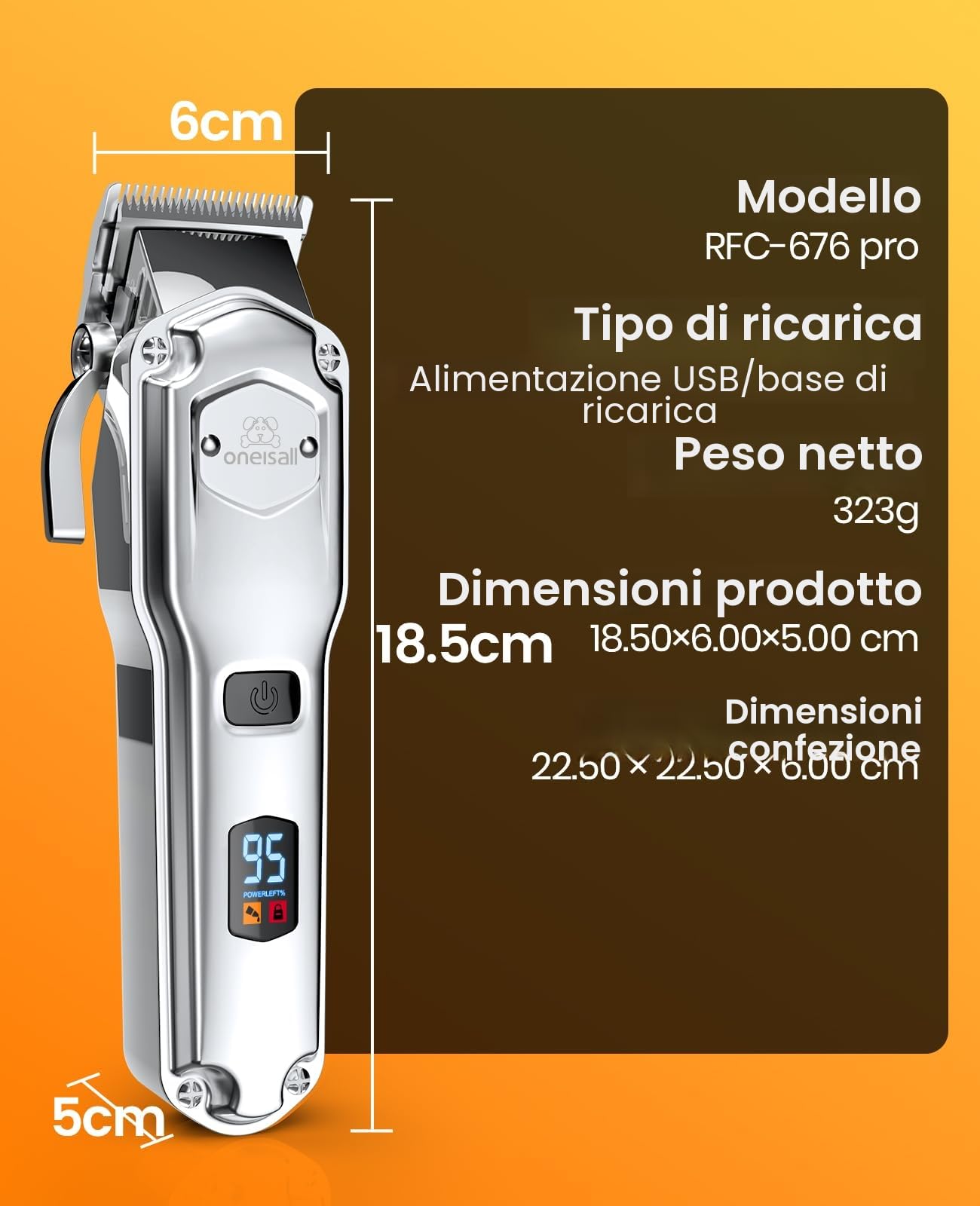 oneisall Tosatrice per cani professionale, senza fili/ricaricabile, con pettini in metallo staccabili, a basso rumore, resistenti, per capelli spessi/ricci/fini/ondulati