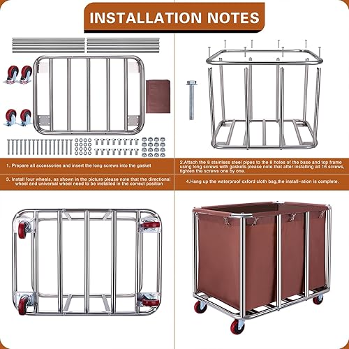 Miniatura 6 de Carrito de lavandería comercial con ruedas, cesta de lavandería grande de 400 litros con ruedas, resistente con marco de acero y tela Oxford, carga